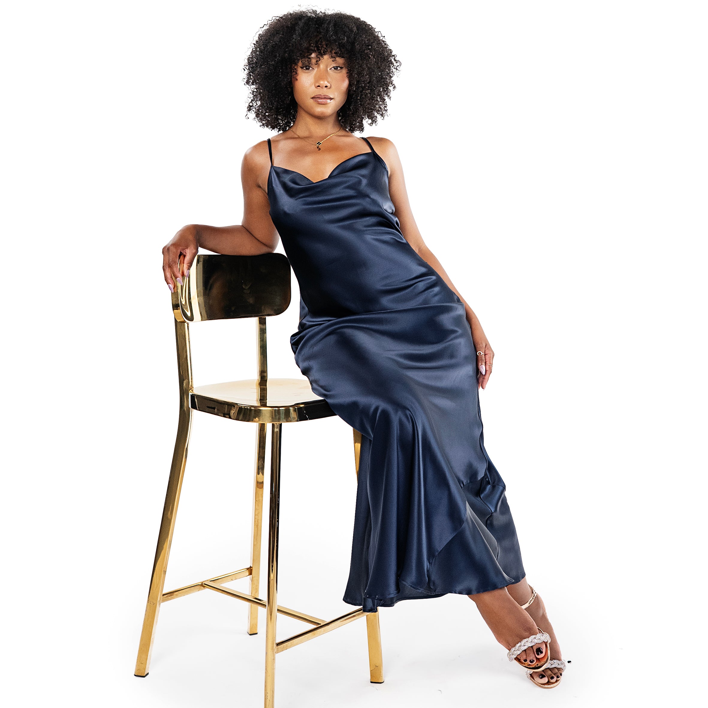 Ladies Silk Long Evening Dress - navy-blue