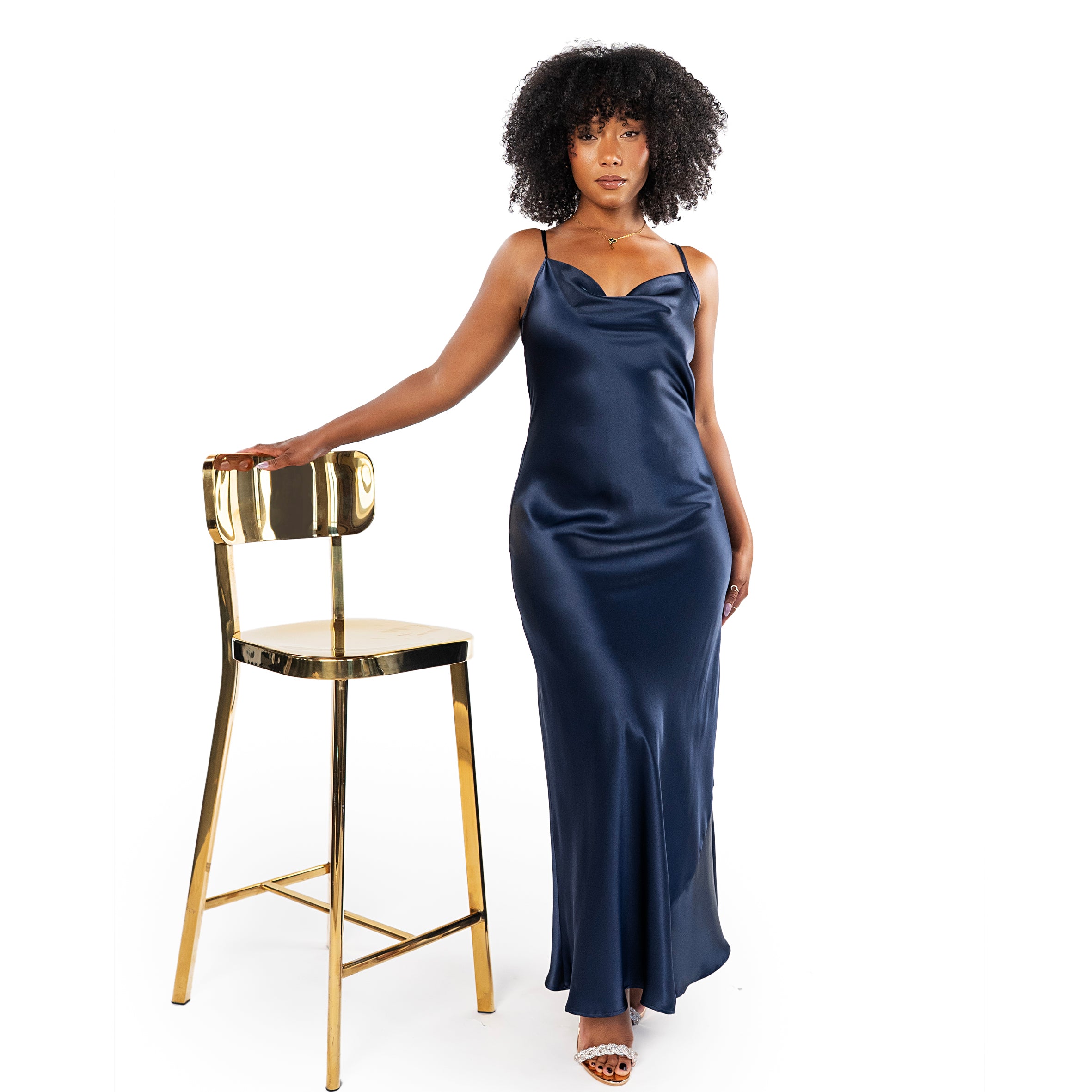 Ladies Silk Long Evening Dress - navy-blue