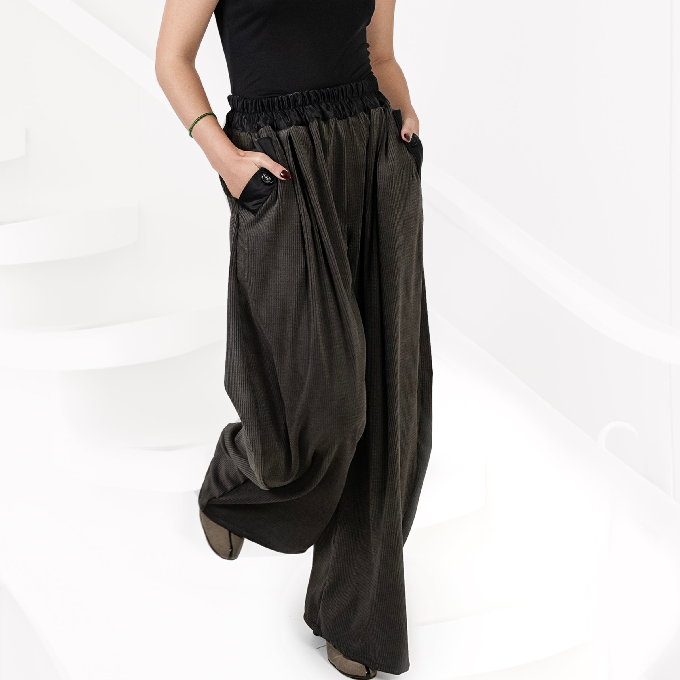 Ladies Silk and Corduroy Pants - Charcoal