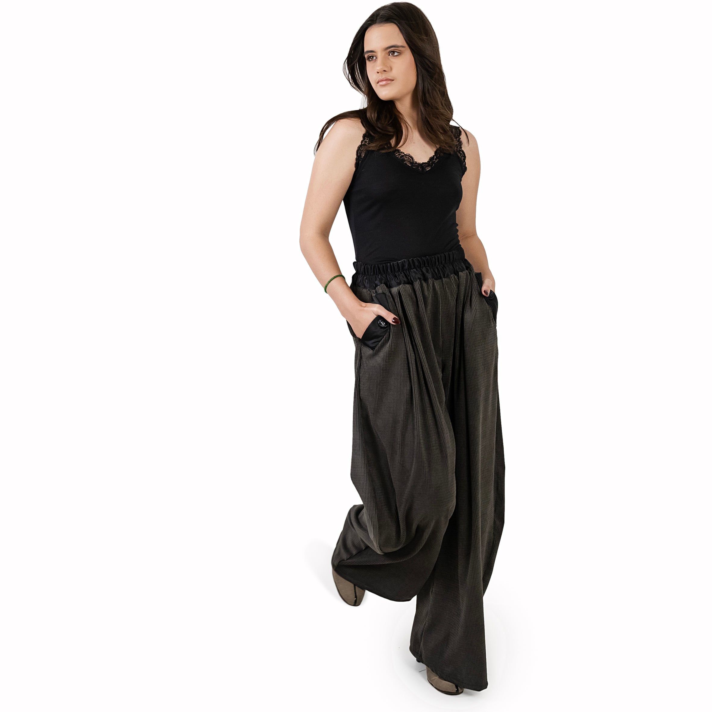 Ladies Silk and Corduroy Pants - Charcoal
