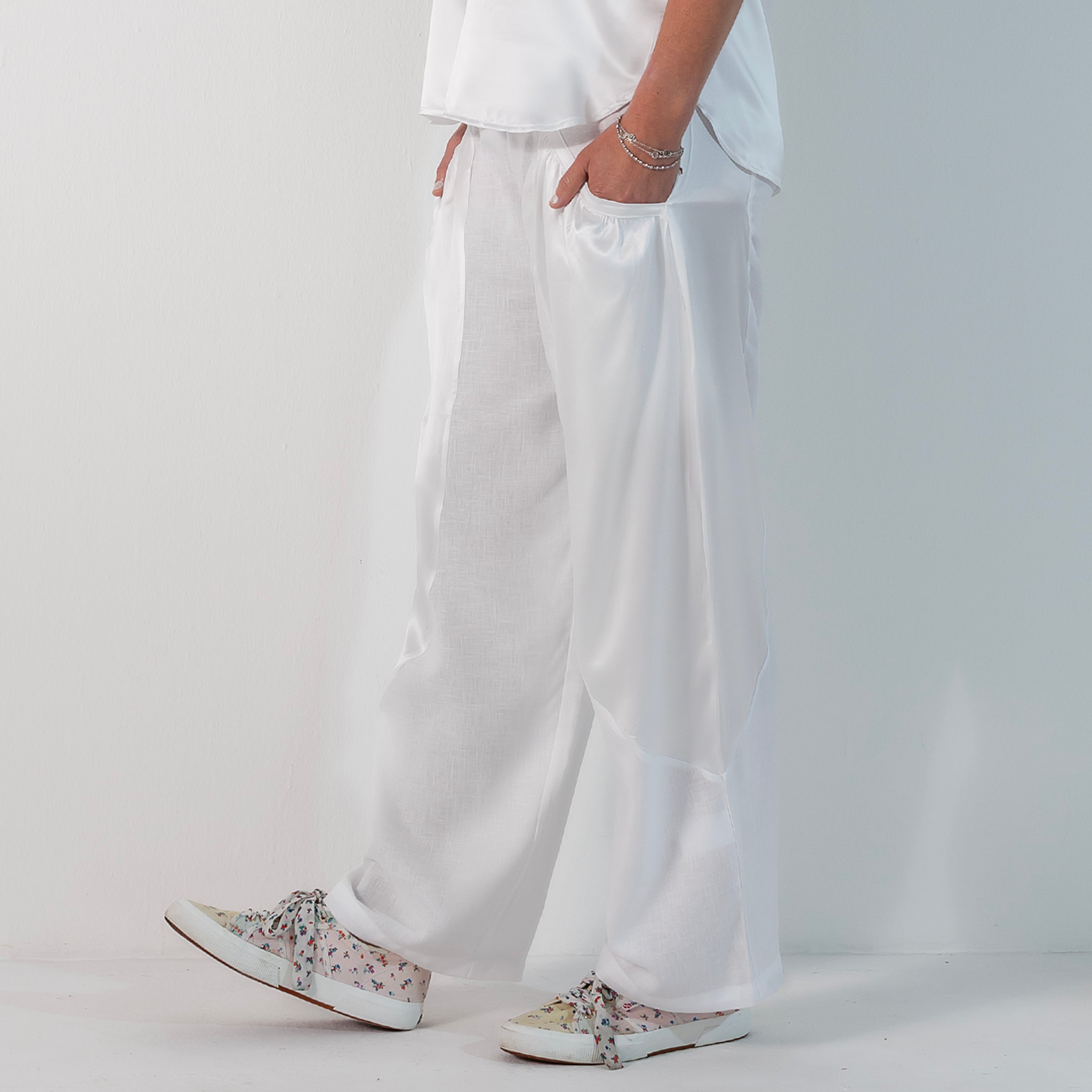 Ladies Silk and Linen Parachute Pants - Snow White