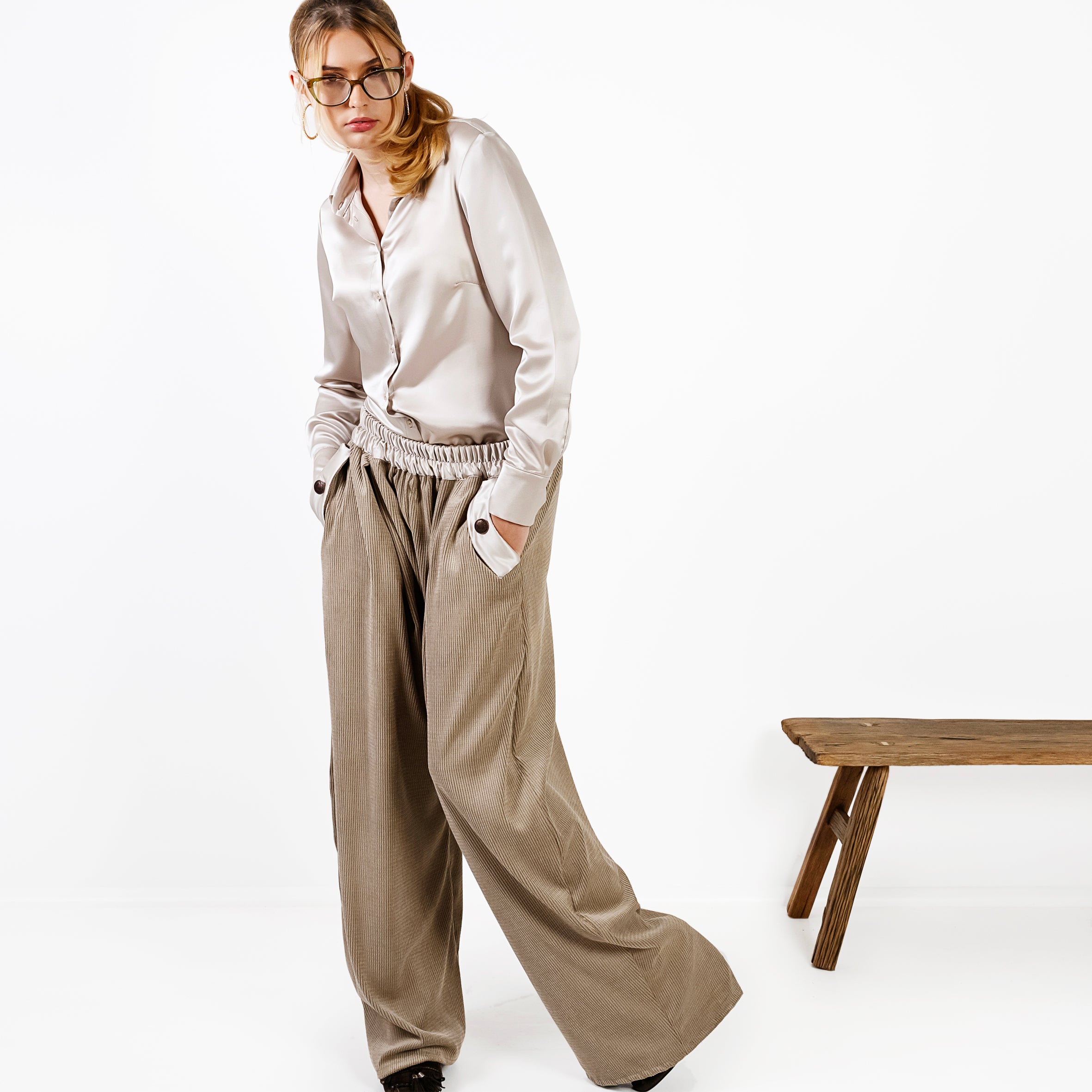 Ladies Silk and Corduroy Pants - Beige