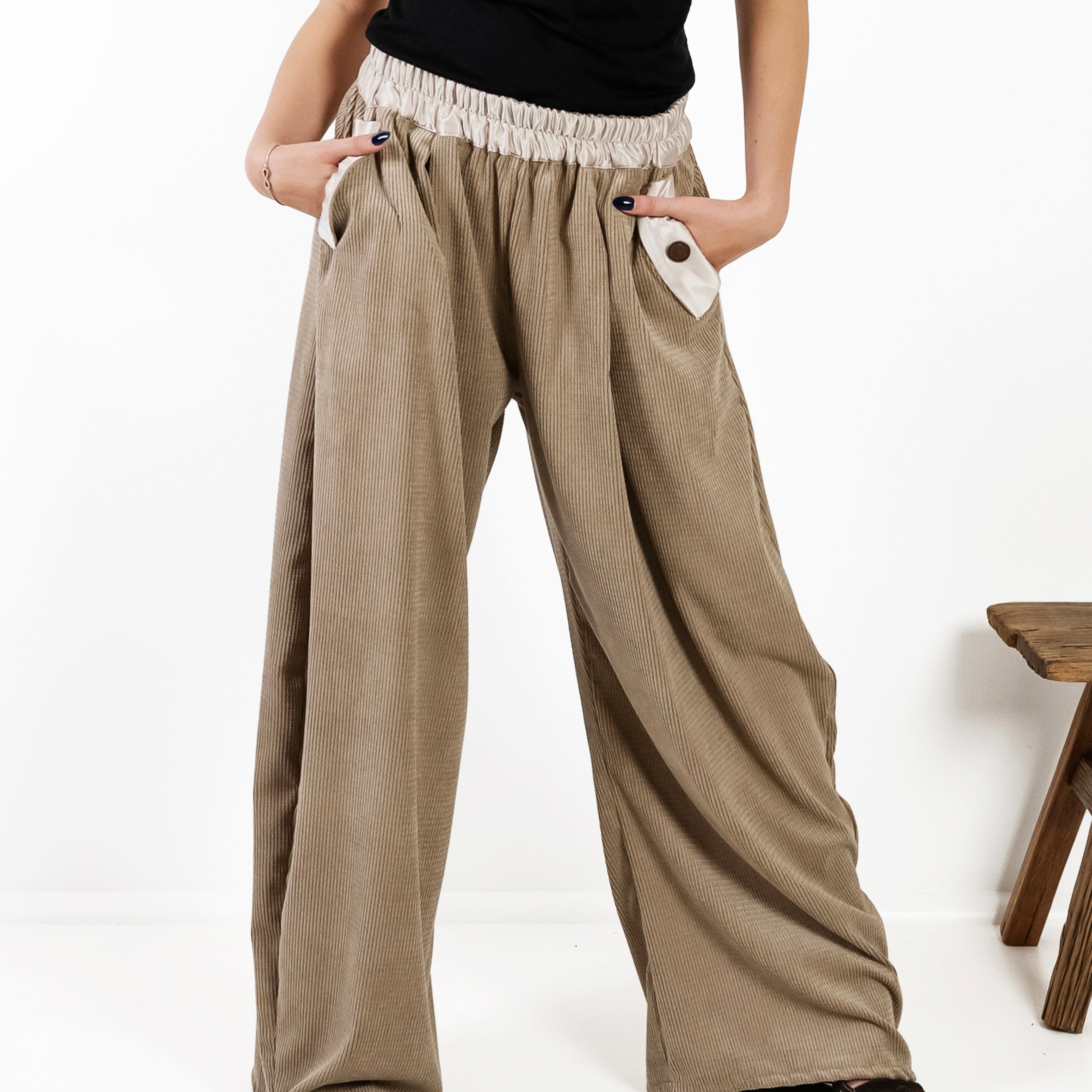 Ladies Silk and Corduroy Pants - Beige