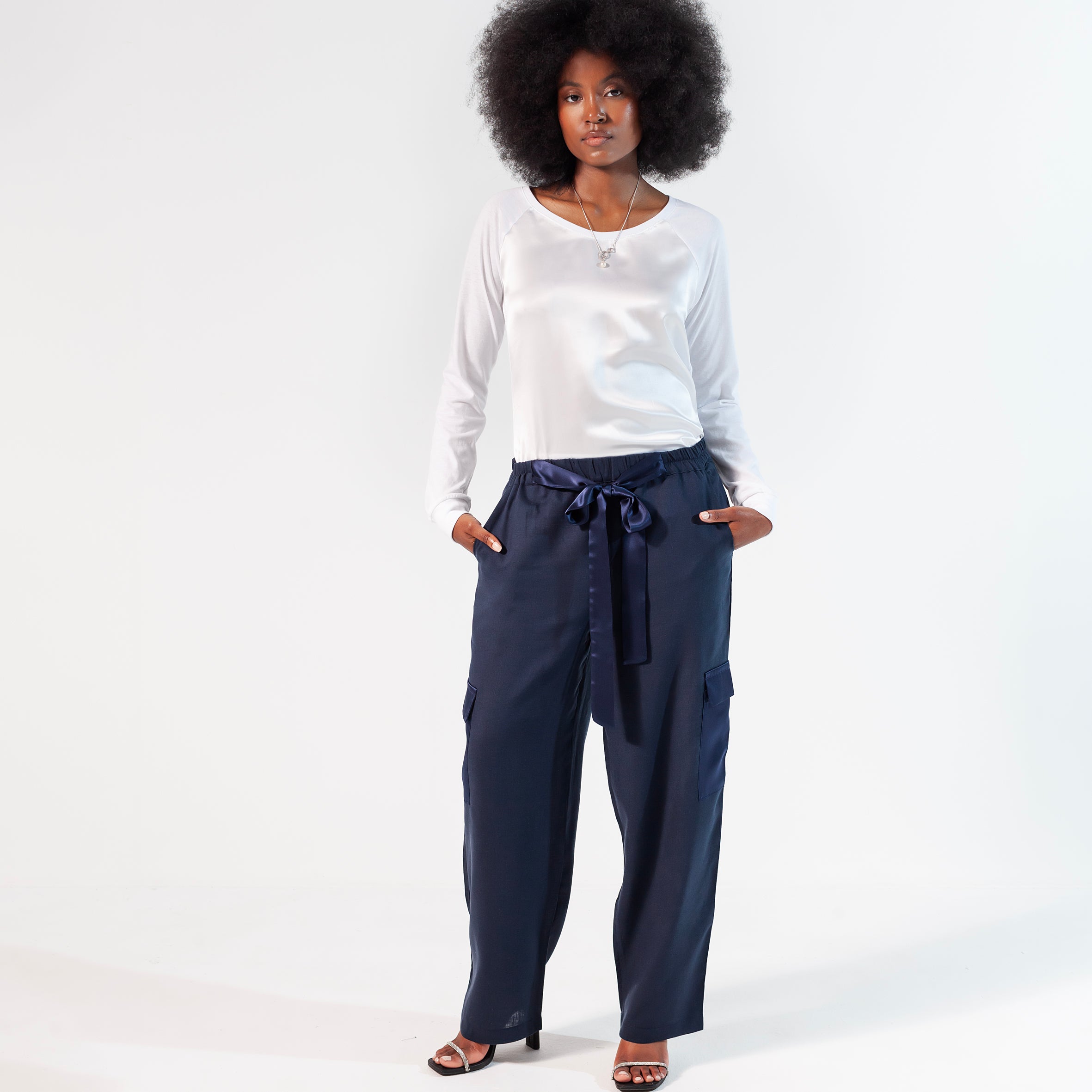 Ladies Silk and Linen Cargo Pants - Navy Blue