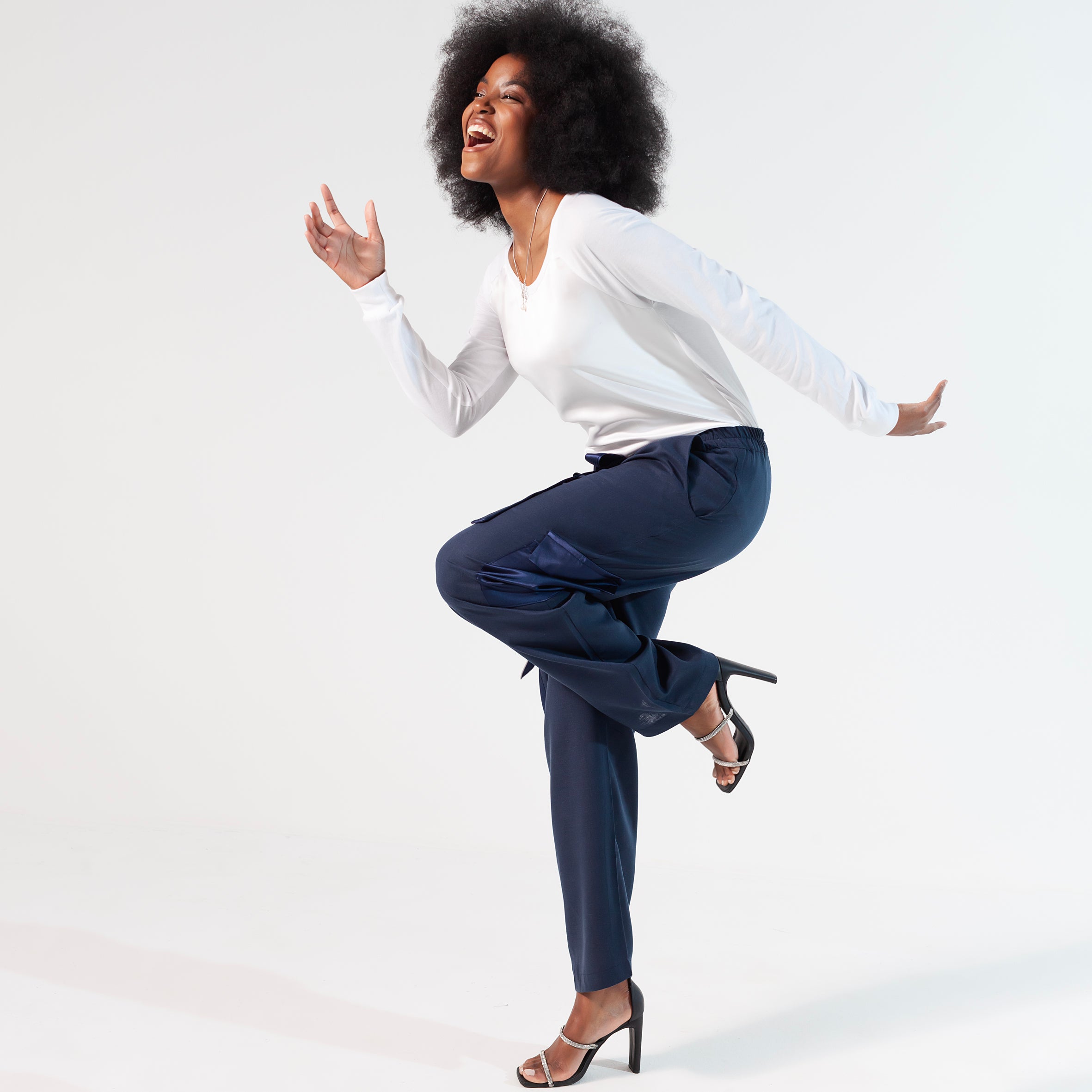 Ladies Silk and Linen Cargo Pants - Navy Blue