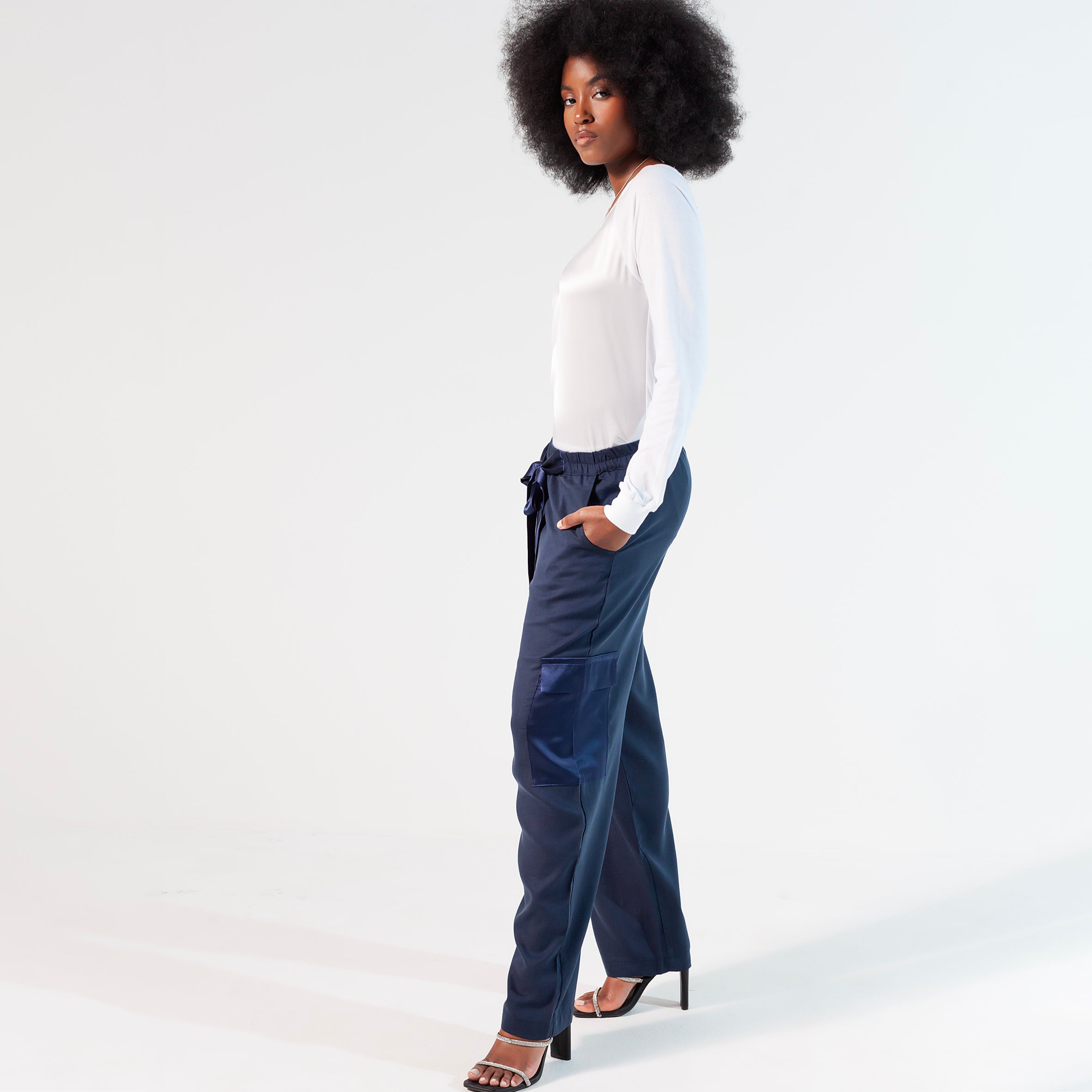Ladies Silk and Linen Cargo Pants - Navy Blue