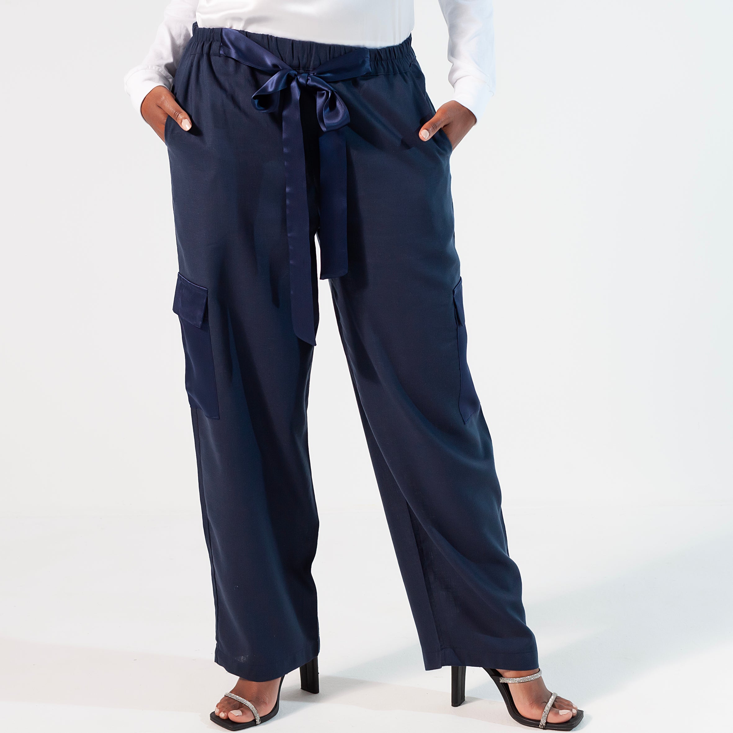 Ladies Silk and Linen Cargo Pants - Navy Blue