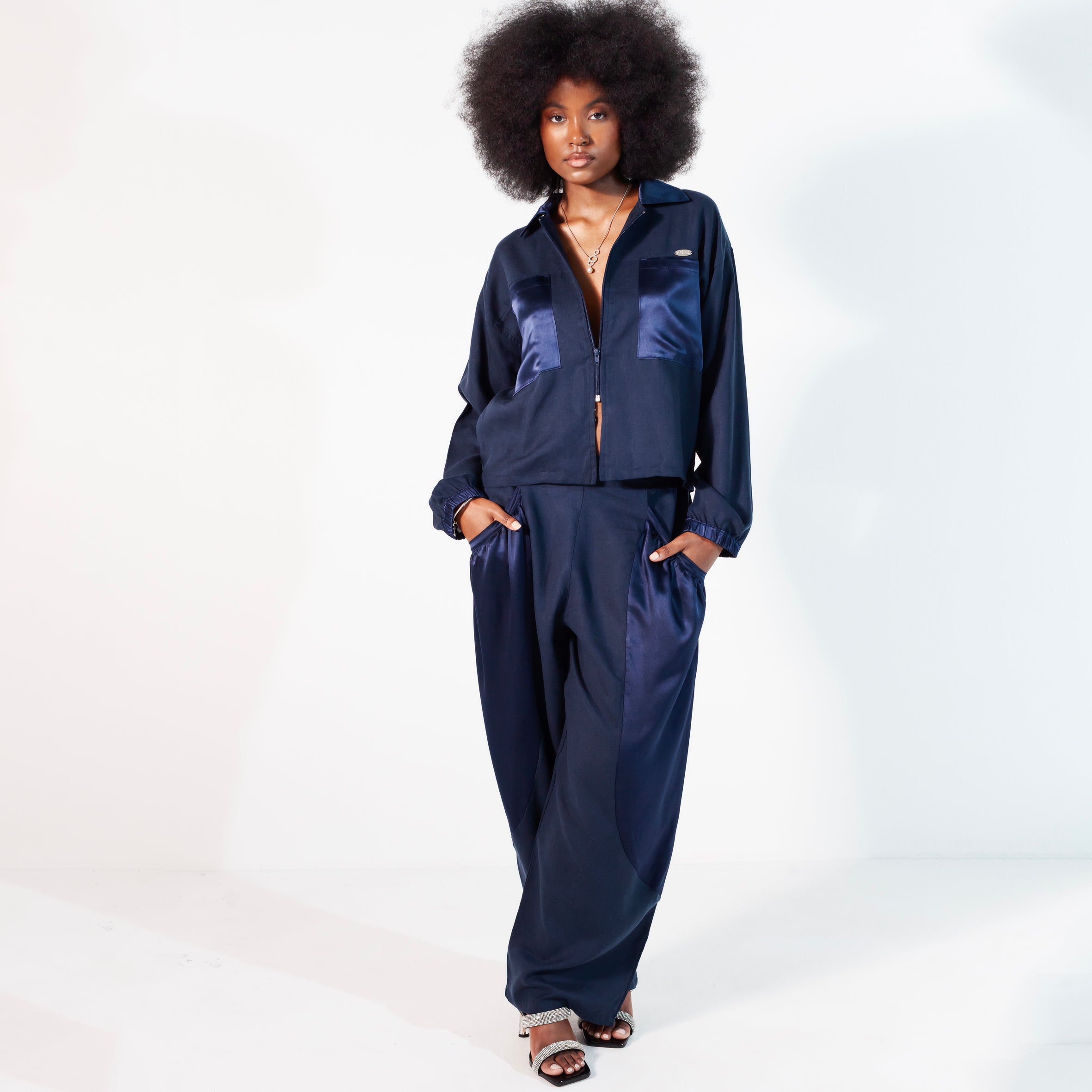 Ladies Silk and Linen Parachute Pants - Navy Blue