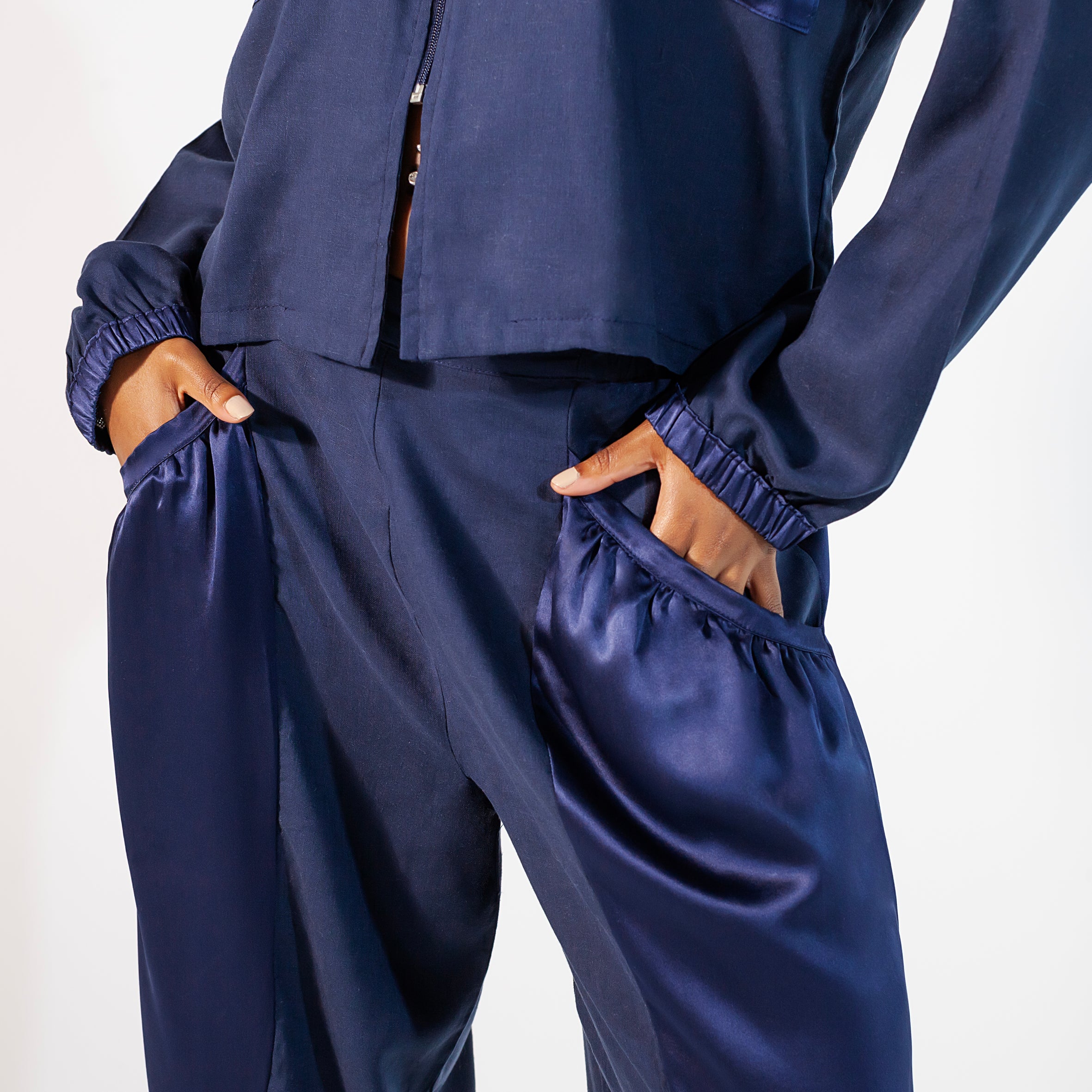 Ladies Silk and Linen Parachute Pants - Navy Blue