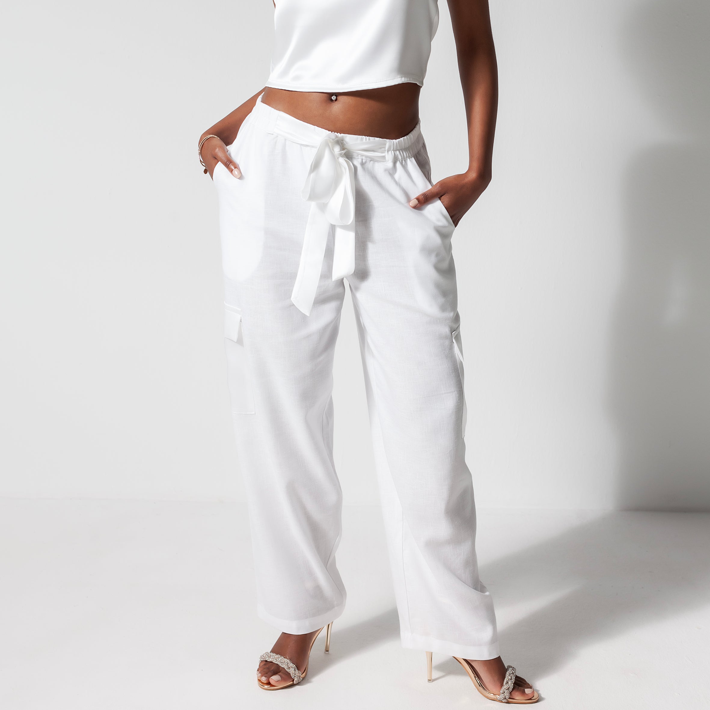 Ladies Silk and Linen Cargo Pants - Snow White