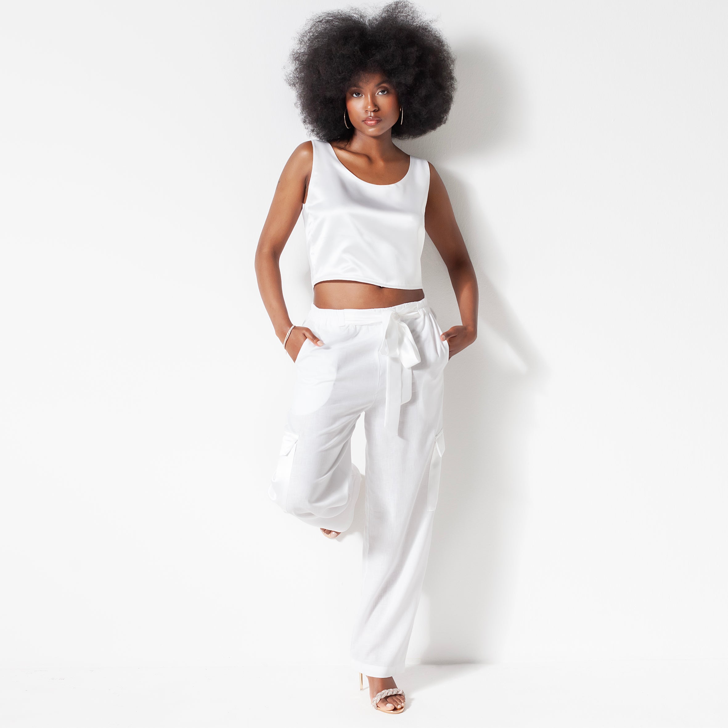 Ladies Silk and Linen Cargo Pants - Snow White