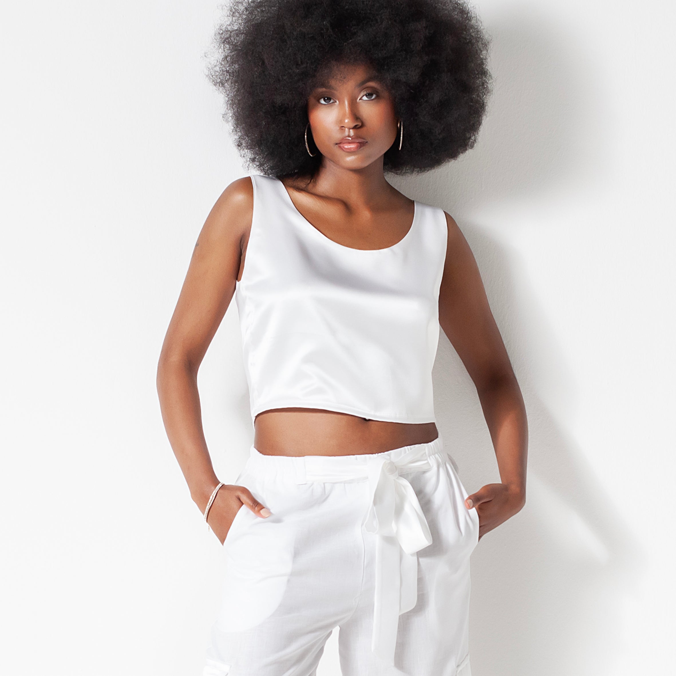 Ladies Silk and Linen Cargo Pants - Snow White