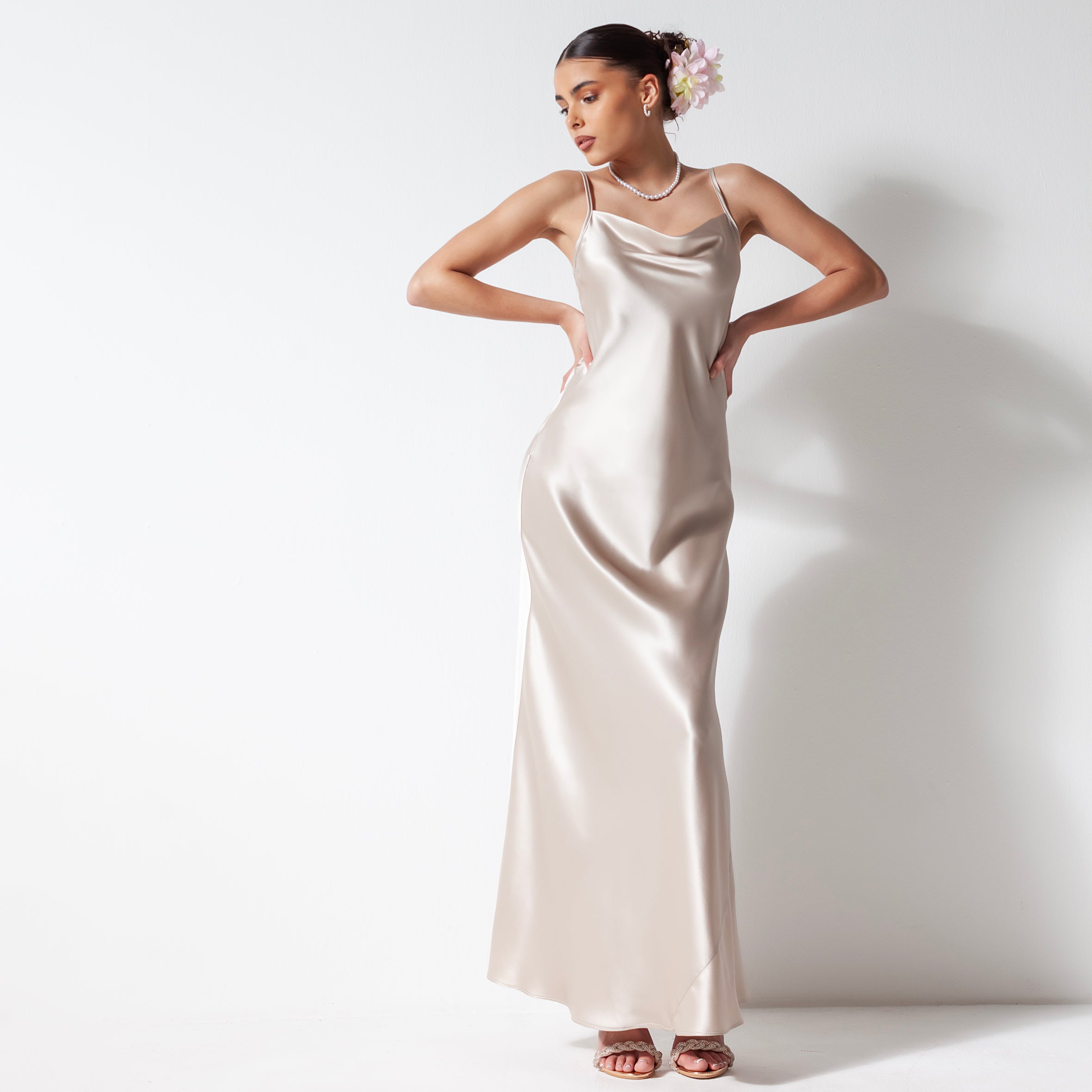 Ladies Silk Long Dresses - Champagne