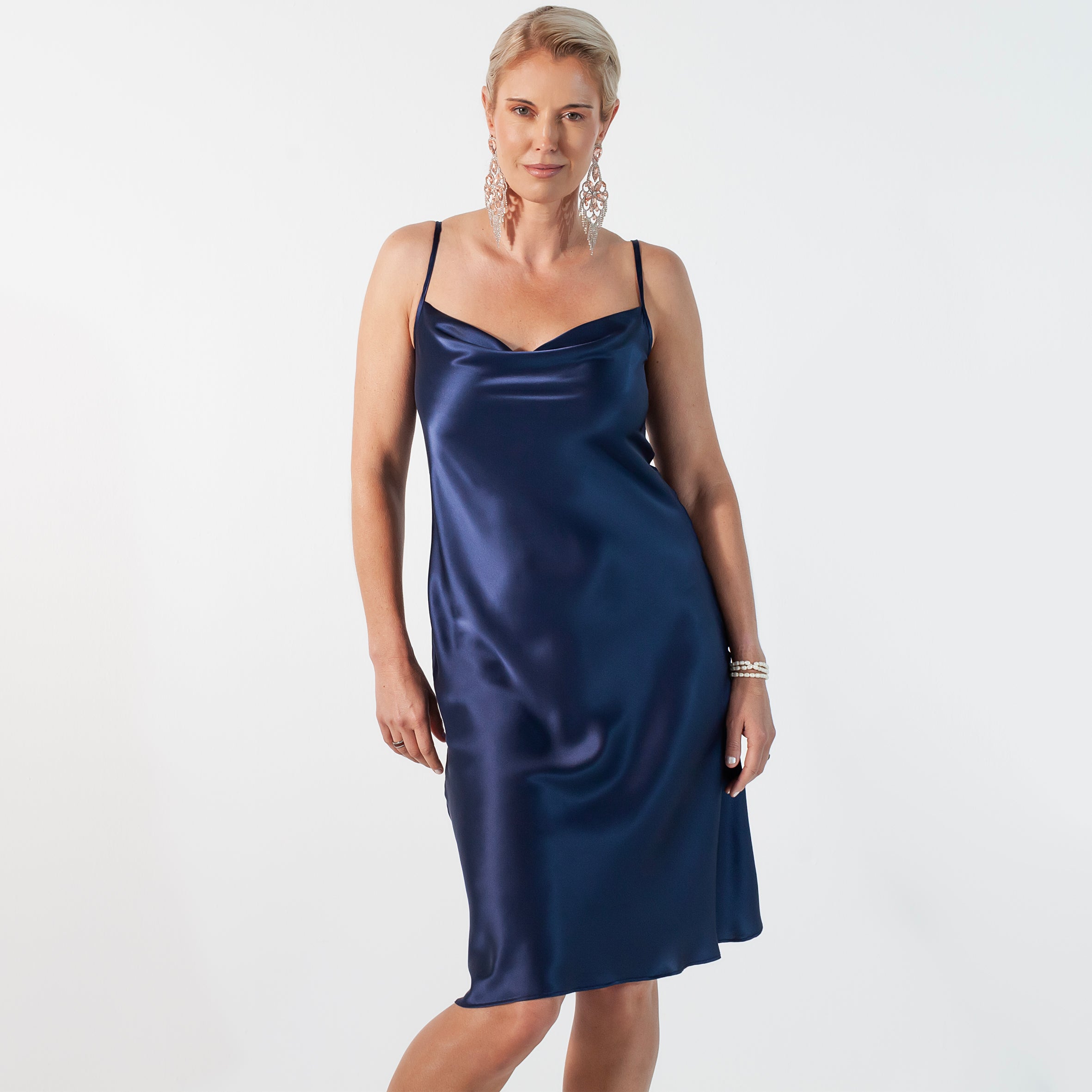 Ladies Silk Knee-length Dresses - Navy Blue