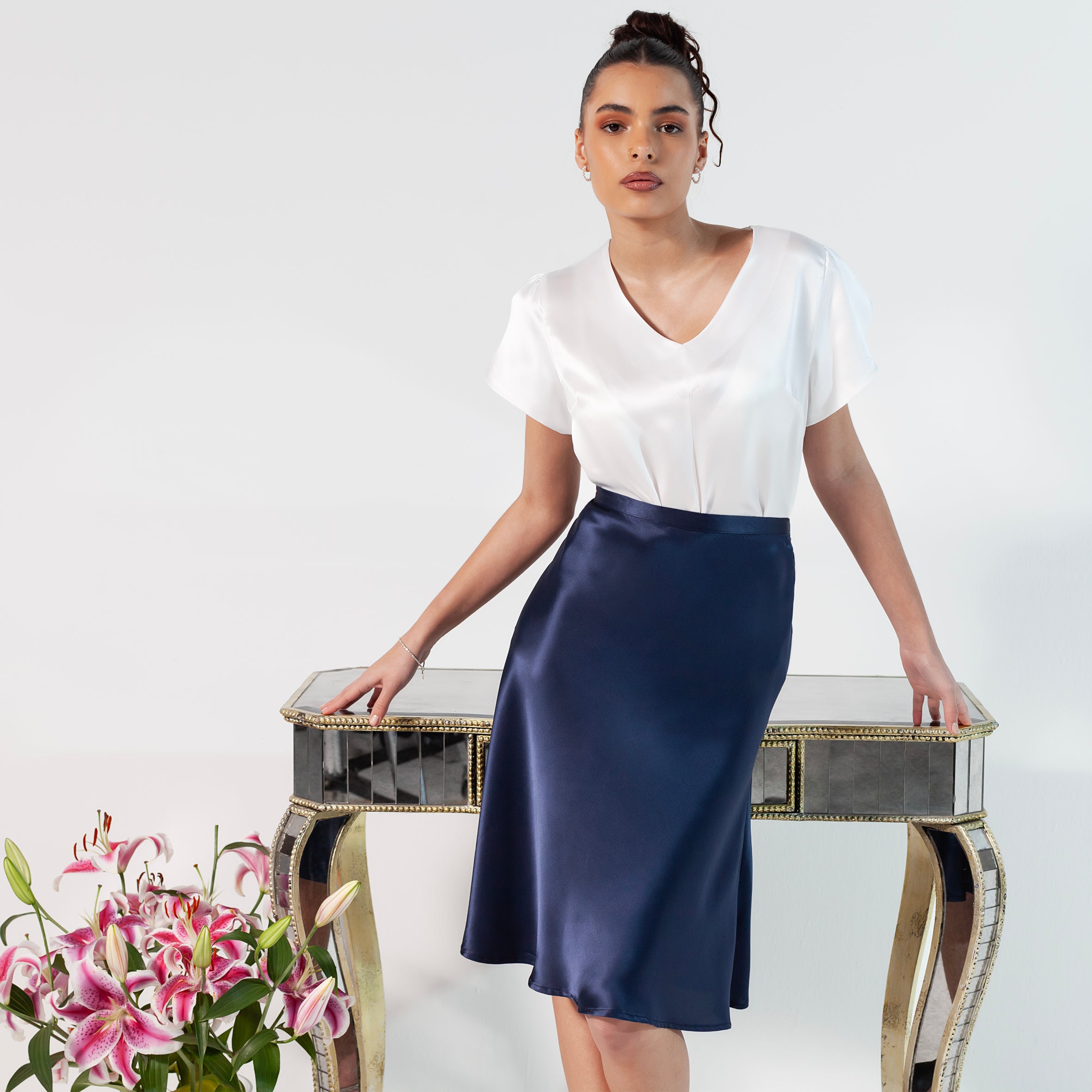 Ladies Silk Knee-Length Skirt - Navy Blue