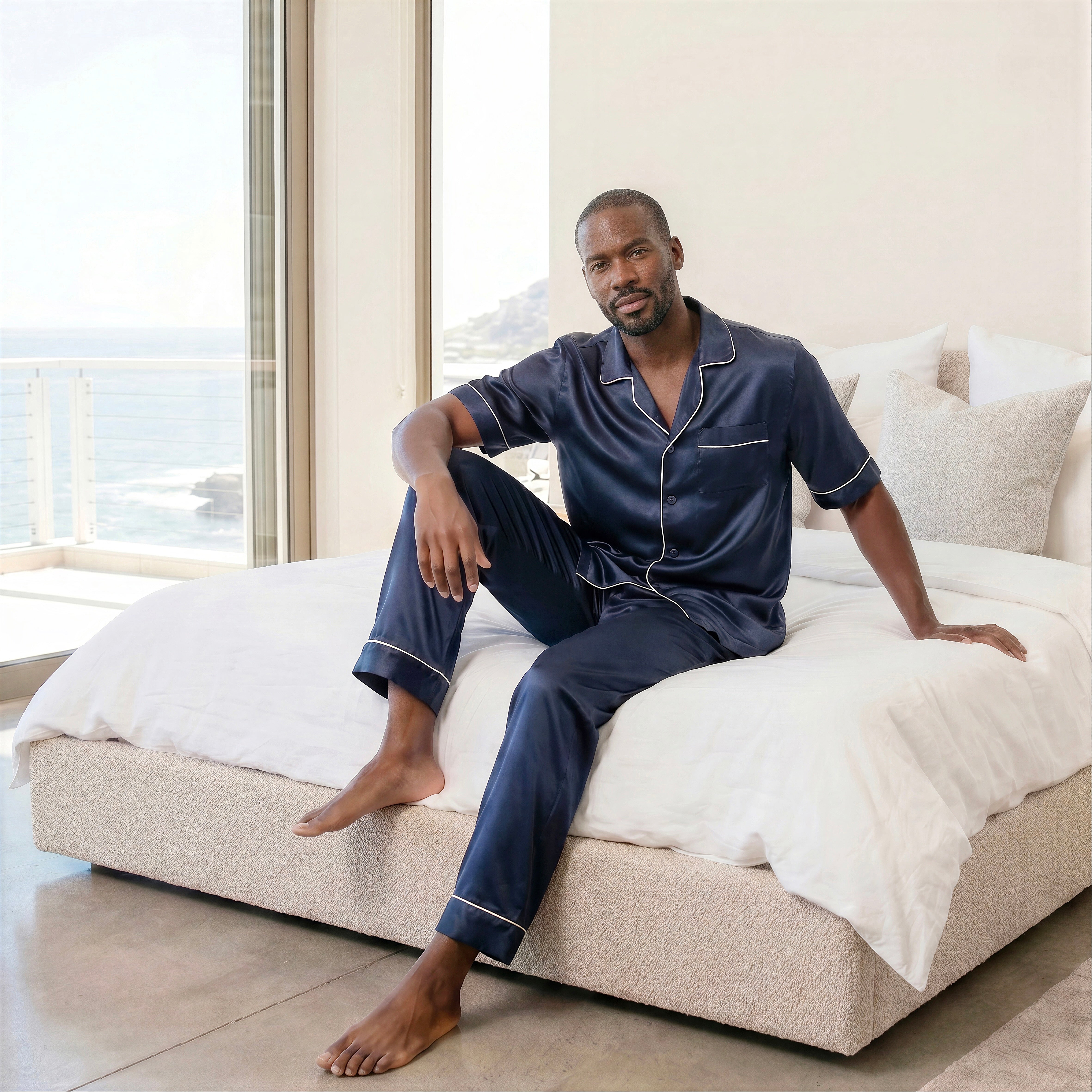 Gentleman Silk PJ's long pants & short sleeves  -  Navy-Blue