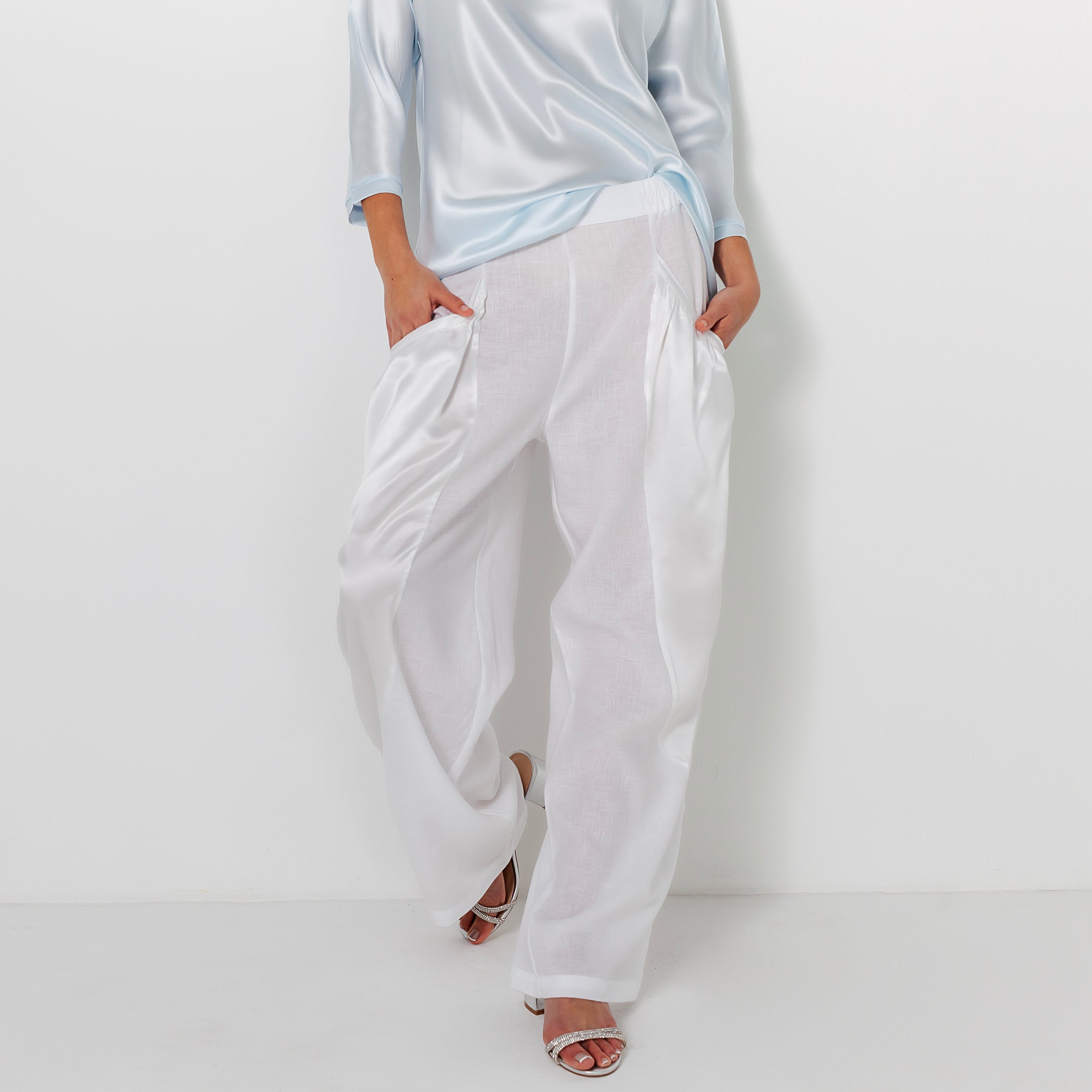 Ladies Silk and Linen Parachute Pants - Snow White