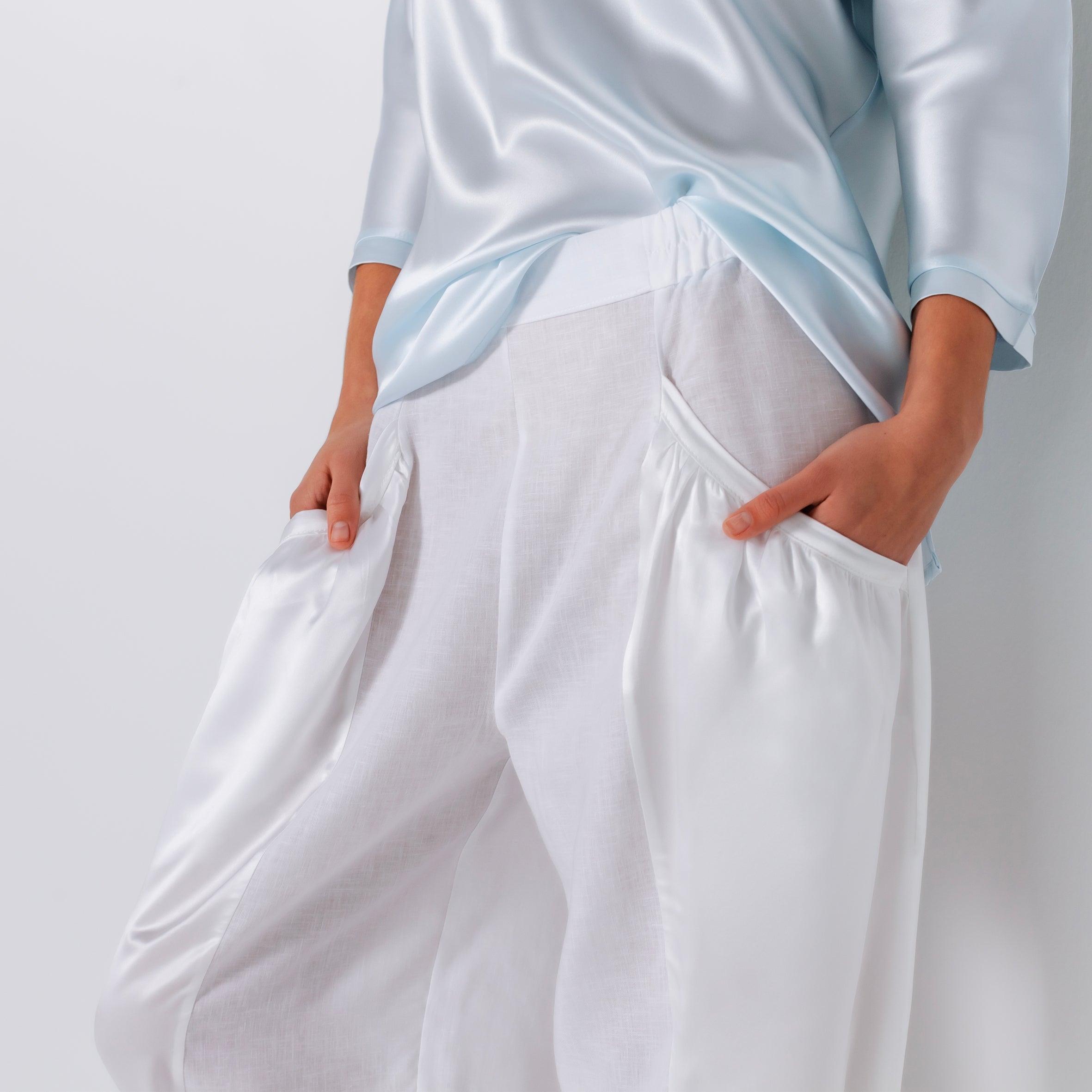 Ladies Silk and Linen Parachute Pants - Snow White