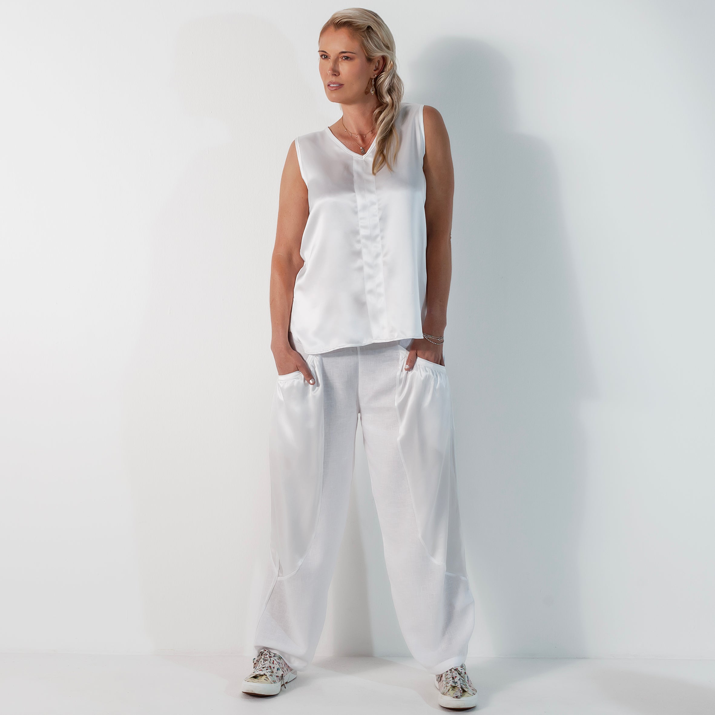 Ladies Silk and Linen Parachute Pants - Snow White