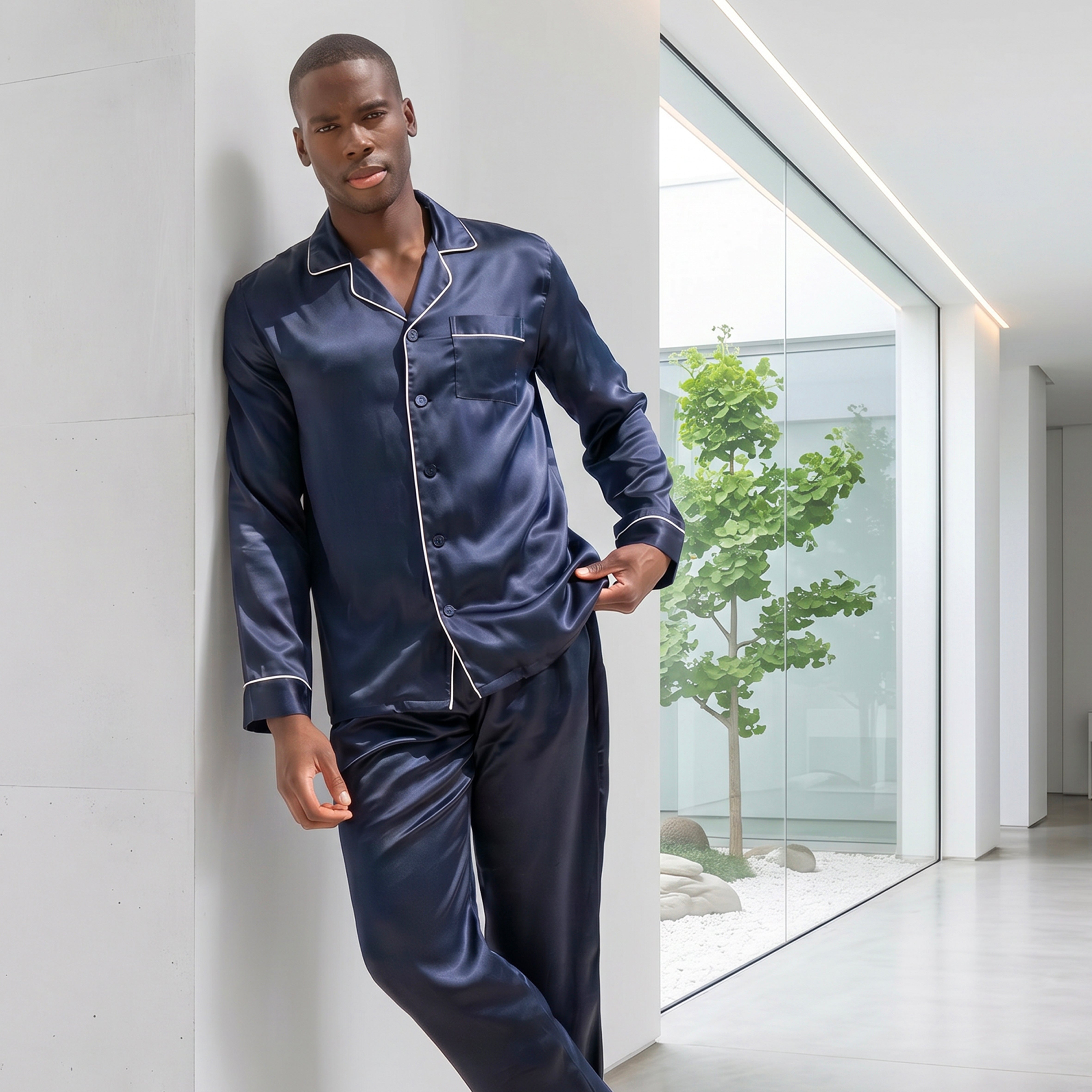 Gentleman Silk Long PJ's - Navy Blue