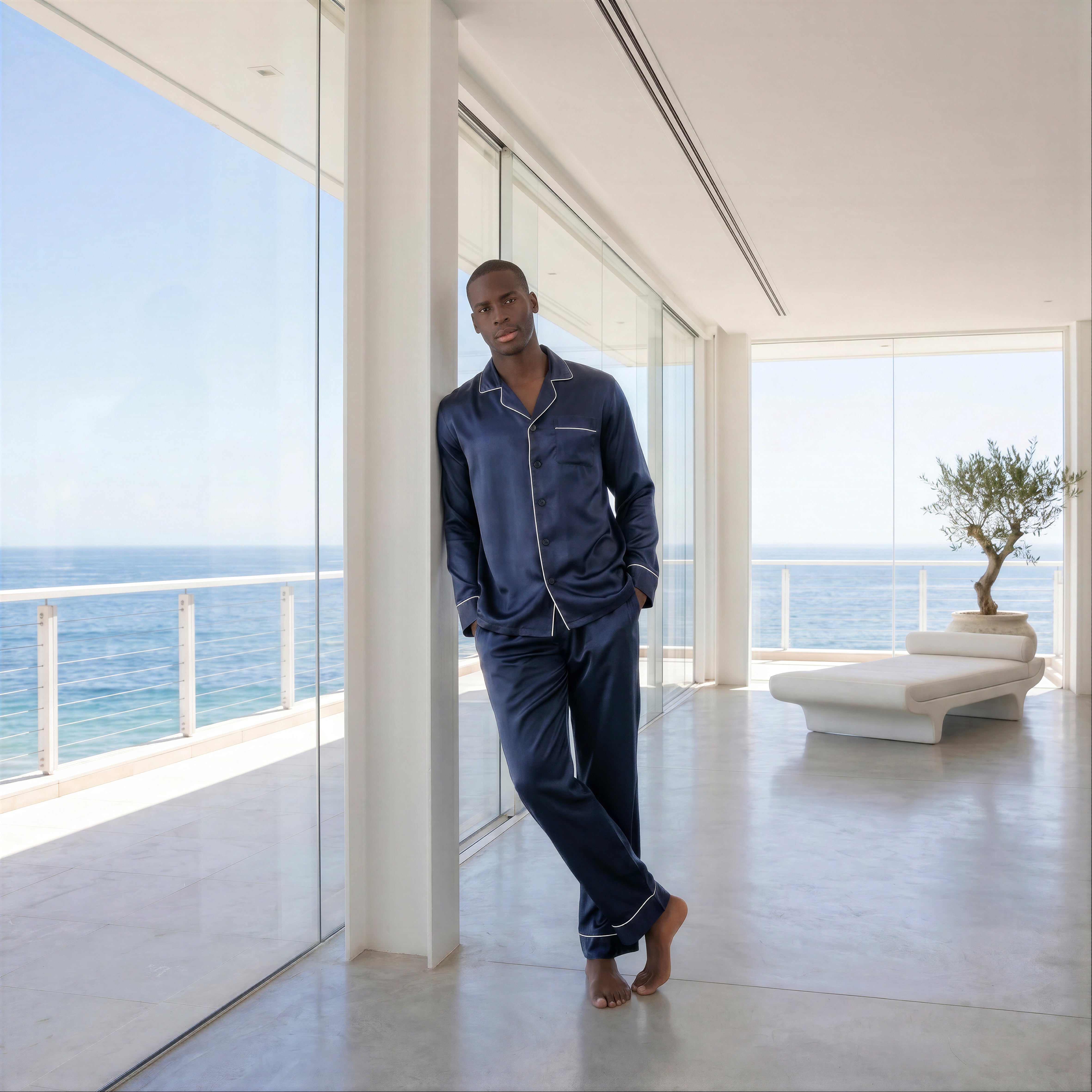Gentleman Silk Long PJ's - Navy Blue