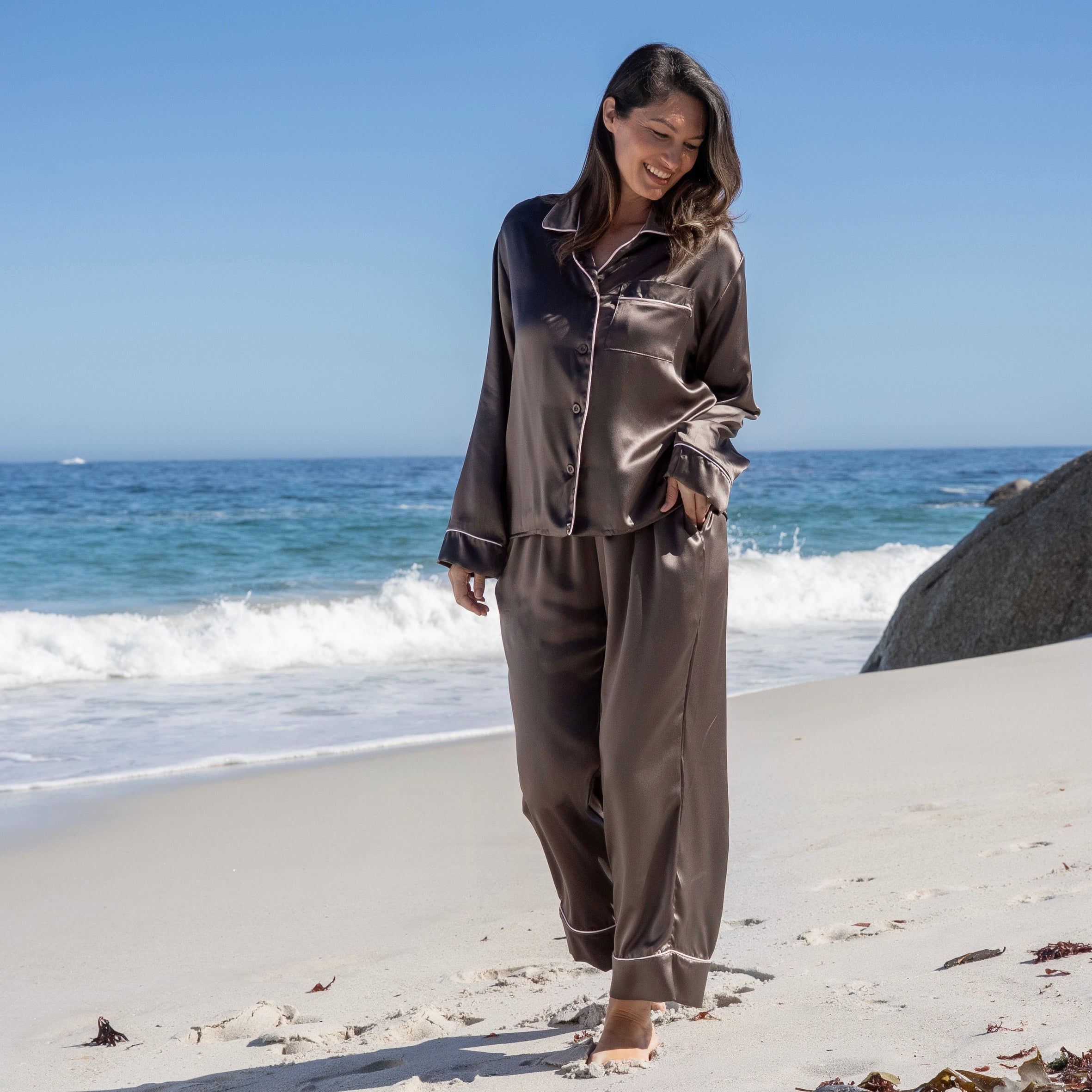 Ladies Pure Silk Long PJ's - Chocolate
