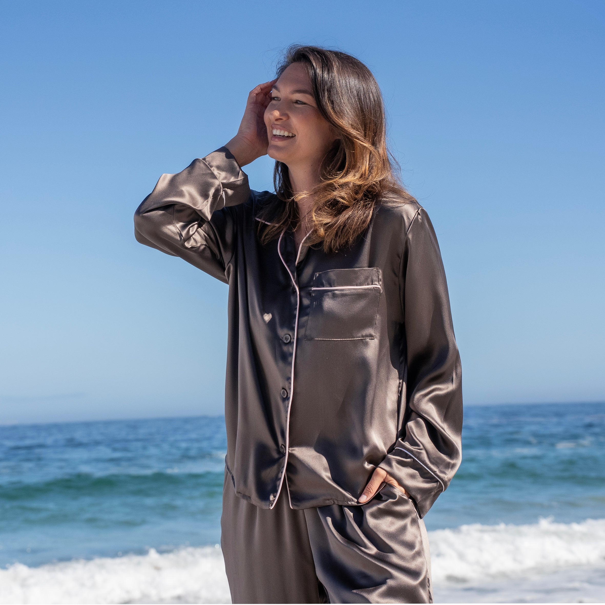 Ladies Pure Silk Long PJ's - Chocolate