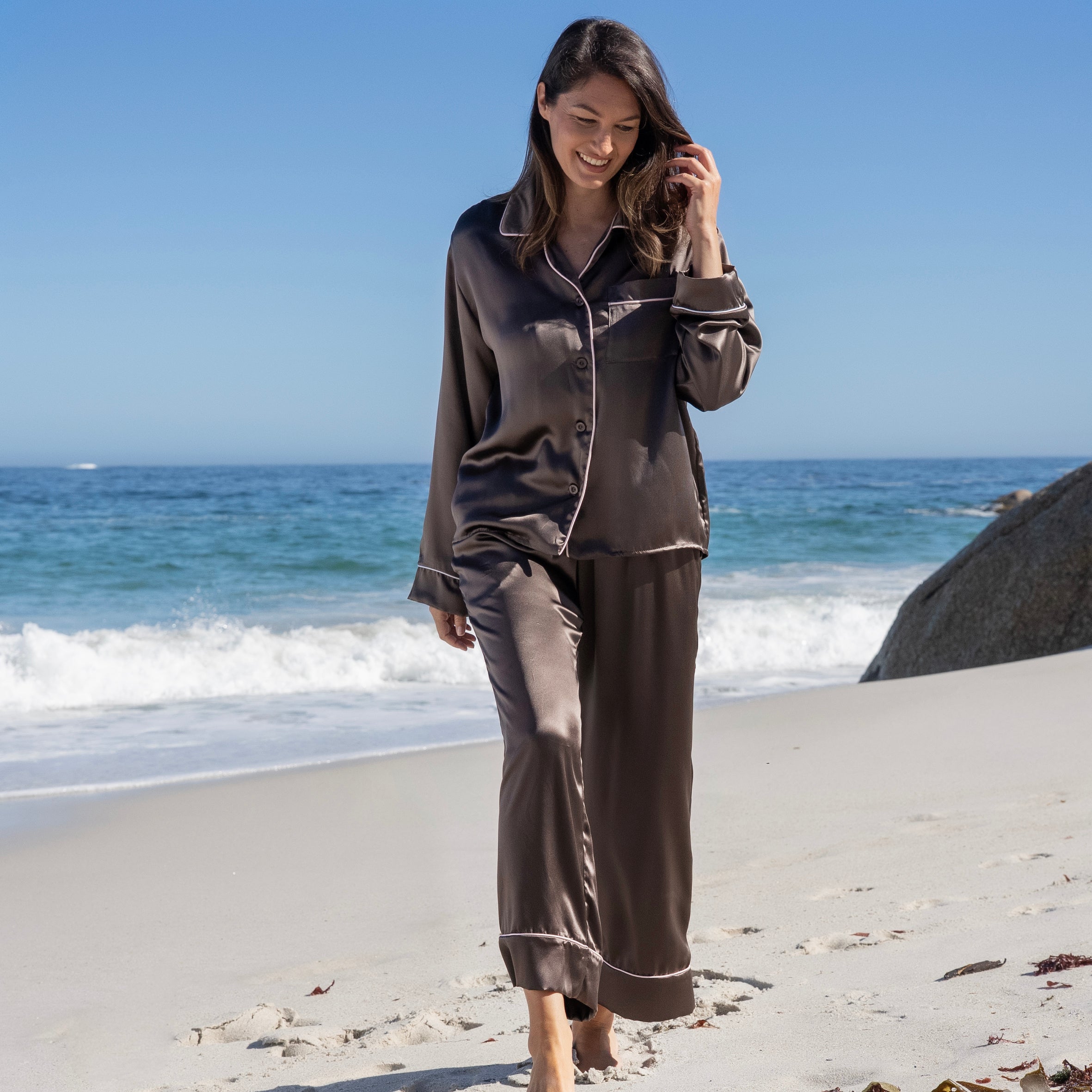 Ladies Pure Silk Long PJ's - Chocolate