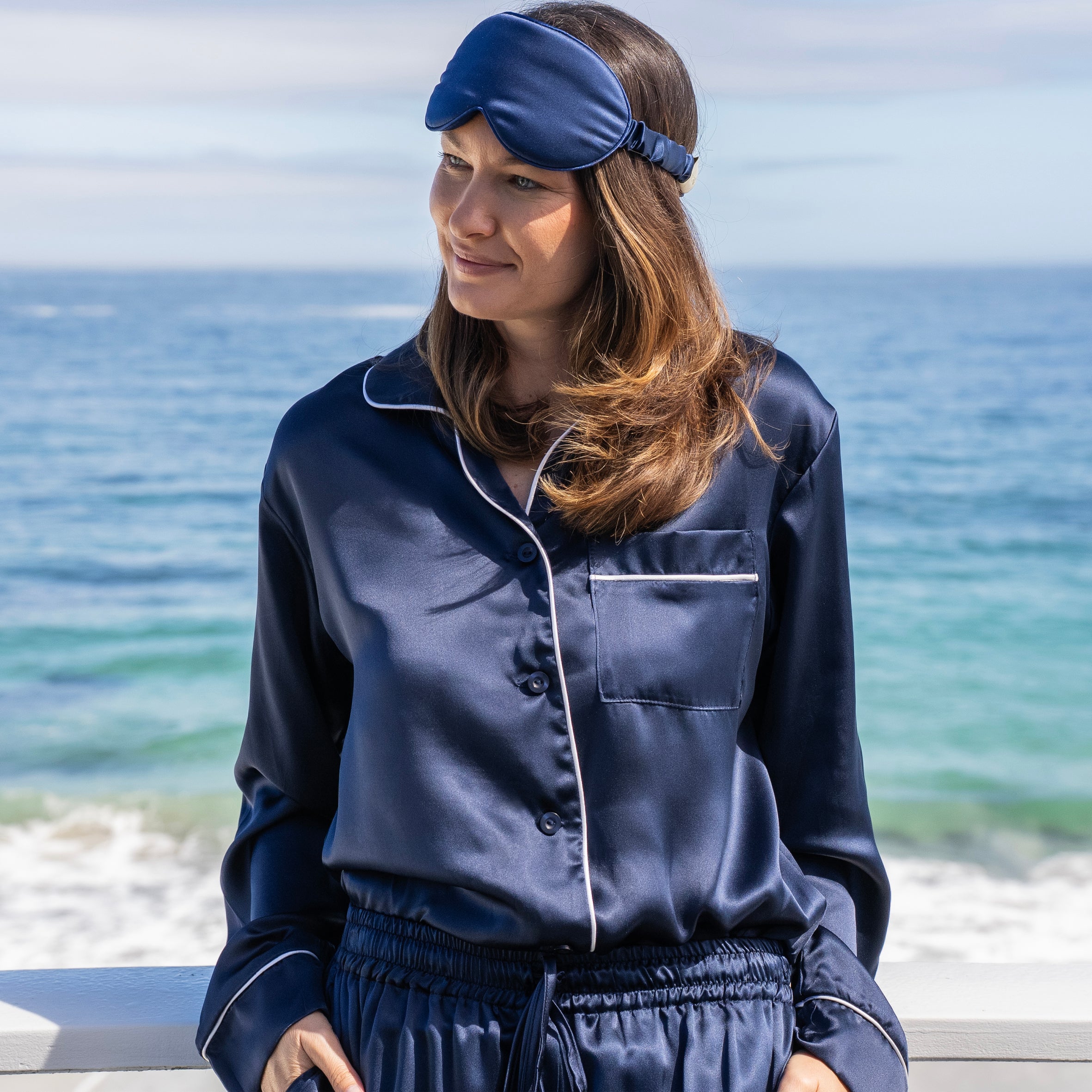 Ladies Pure Silk Long PJ's - Navy Blue
