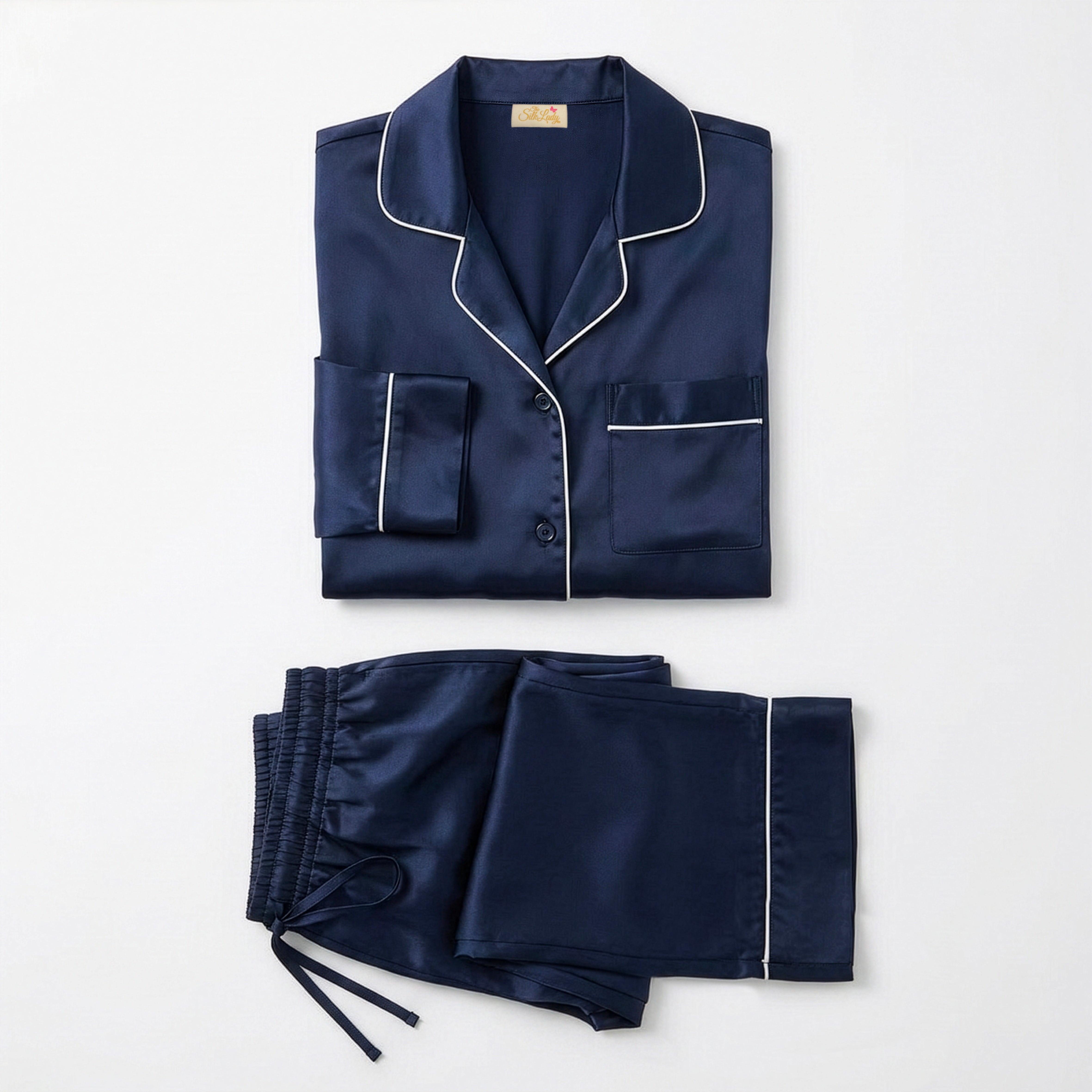Ladies Pure Silk Long PJ's - Navy Blue