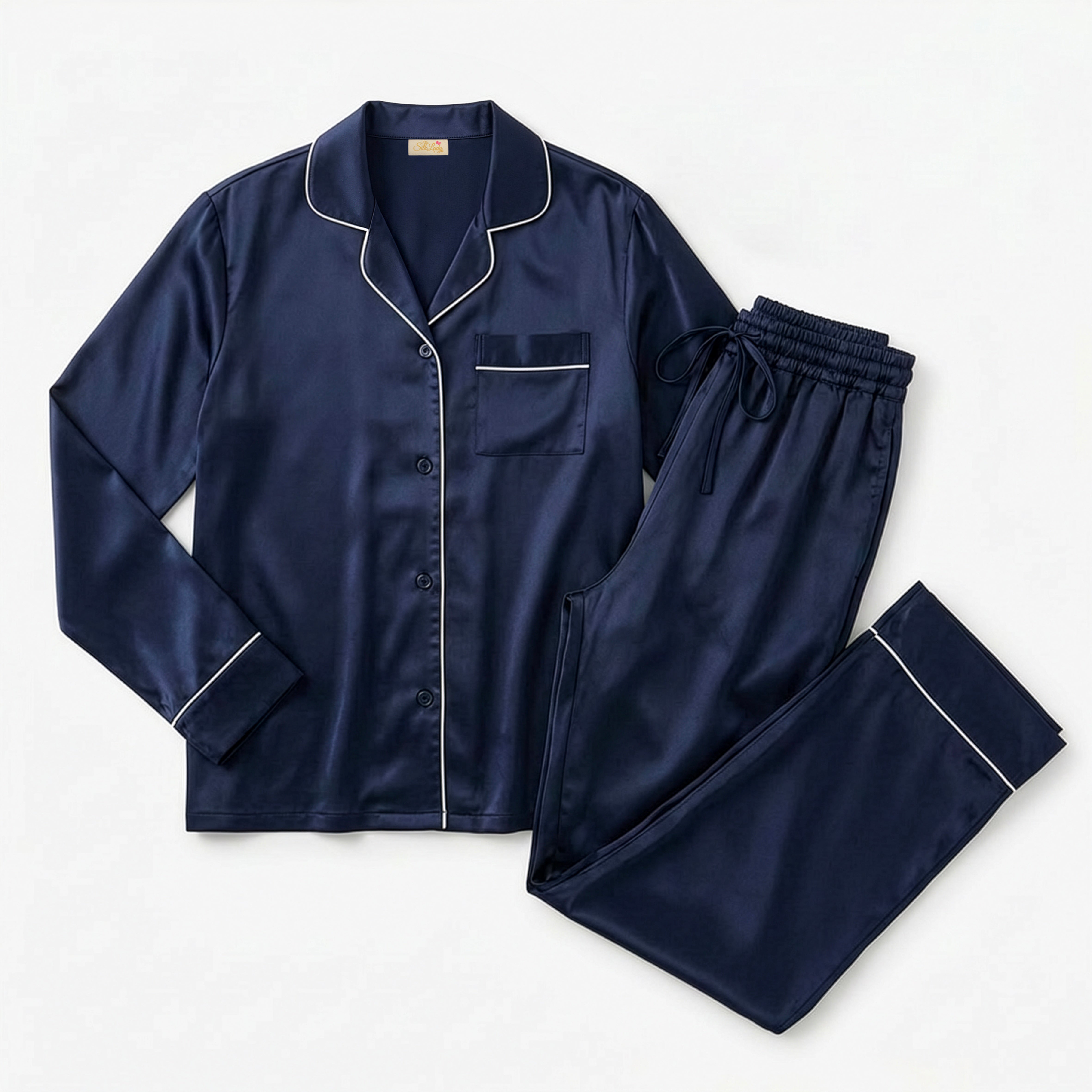 Ladies Pure Silk Long PJ's - Navy Blue