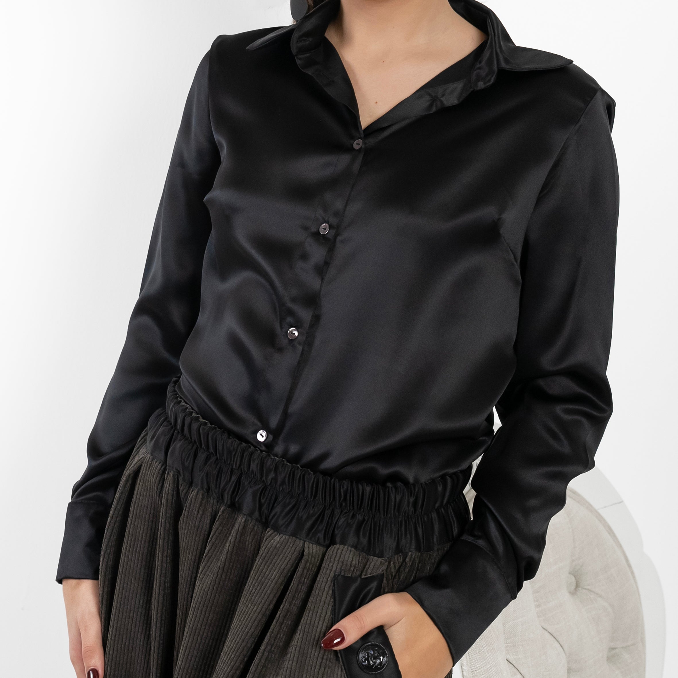 Ladies Classic Fitted Silk Shirt - Moody Black