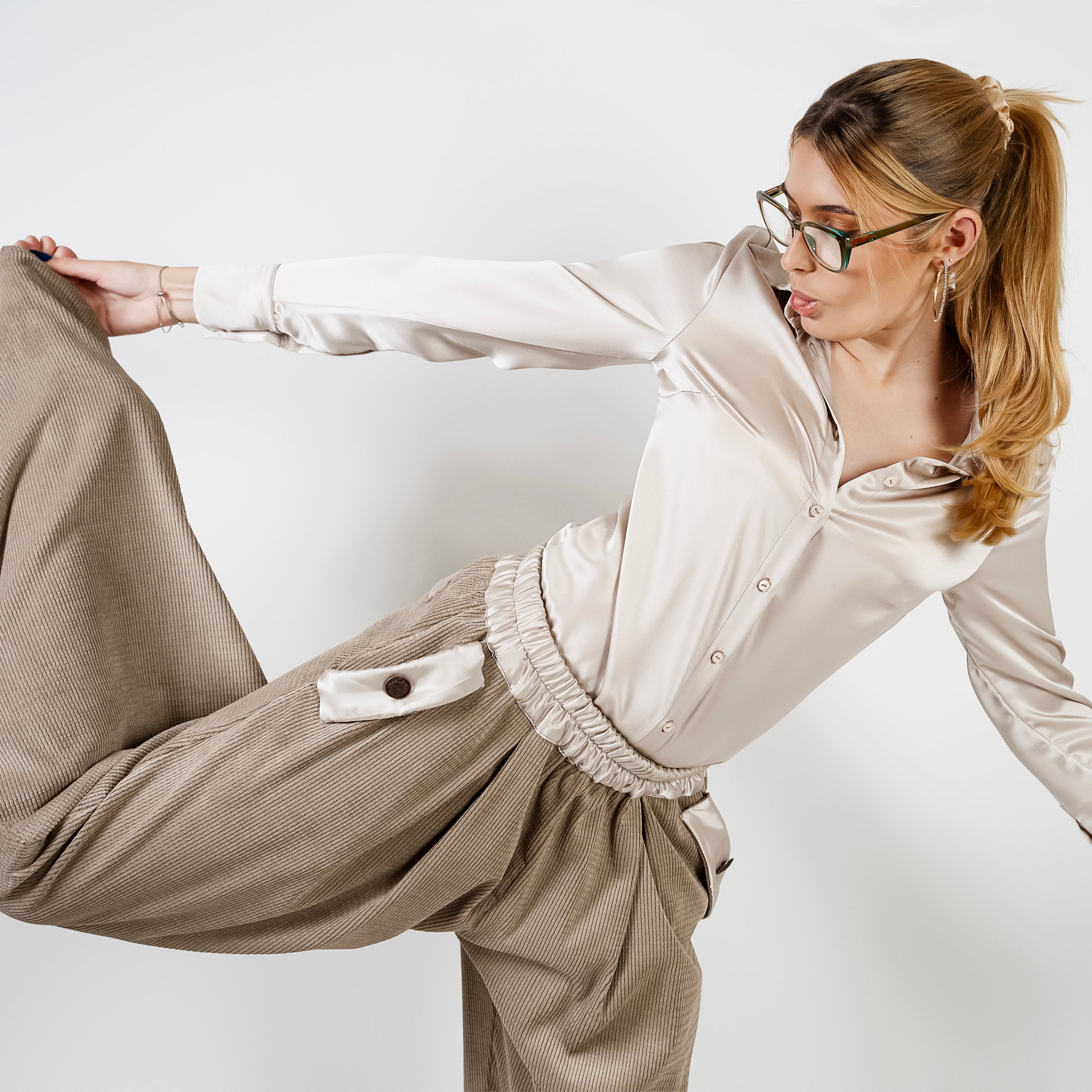 Ladies Silk and Corduroy Pants - Beige