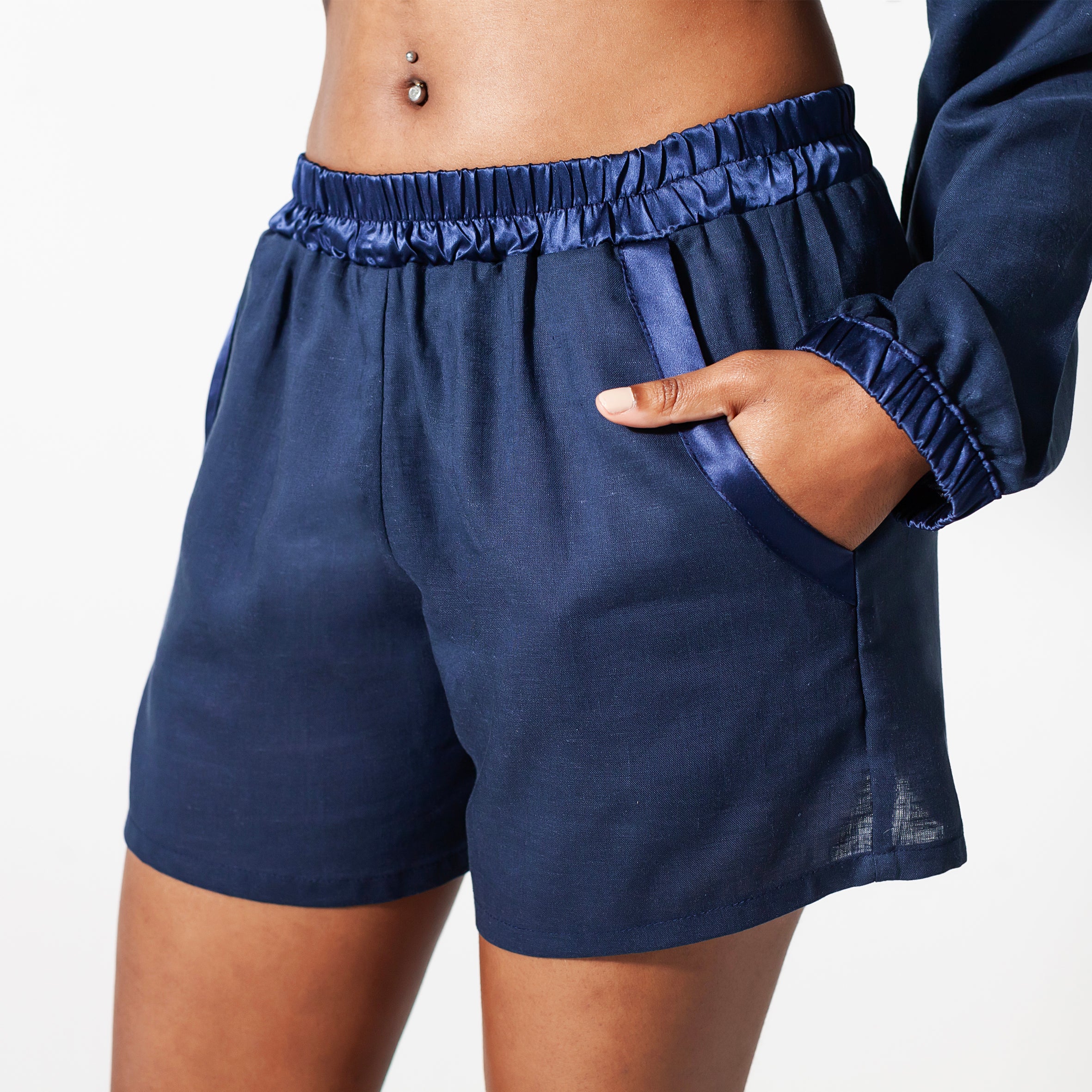 Ladies Silk and Linen Shorts - Navy Blue