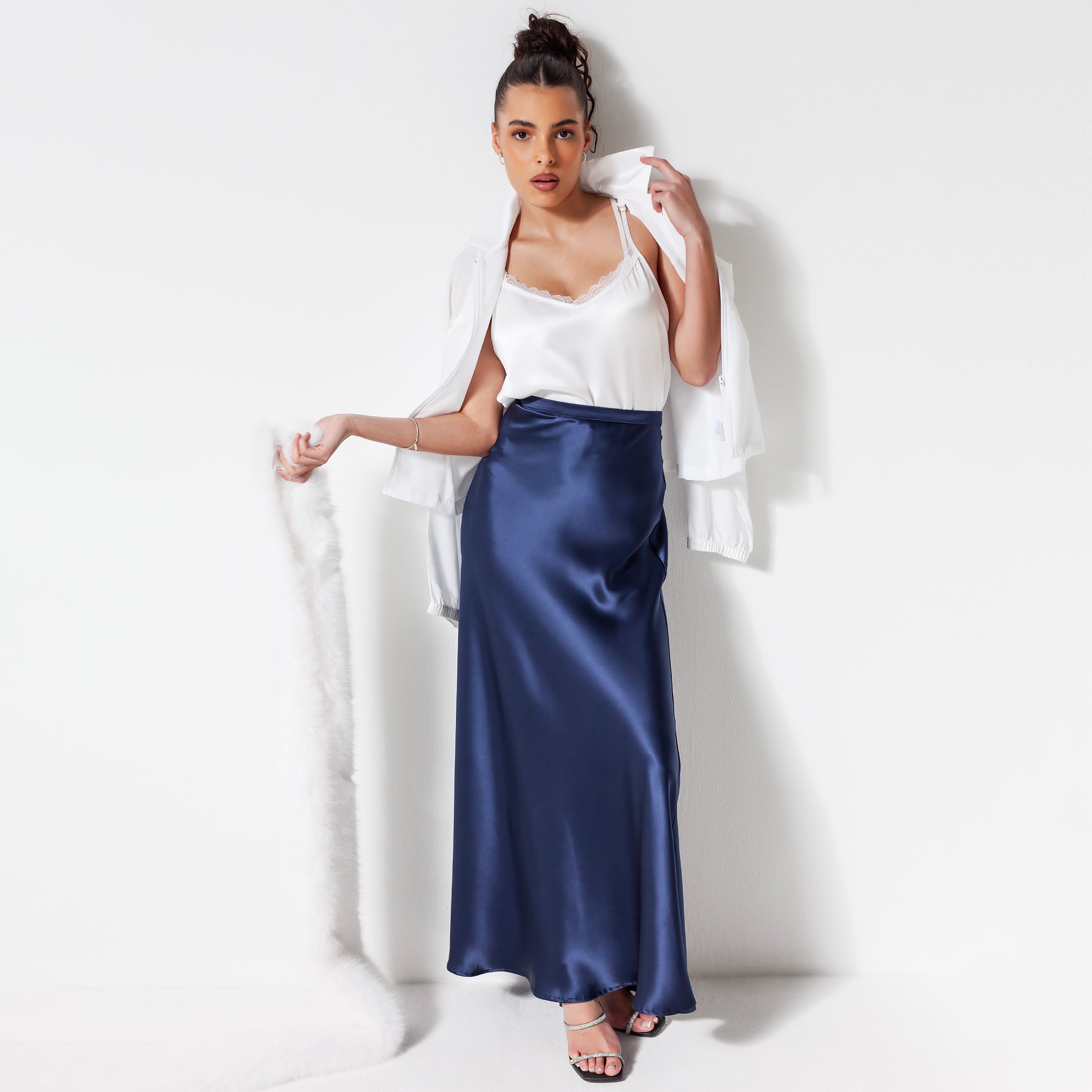 Ladies Silk Long Skirt - Navy Blue
