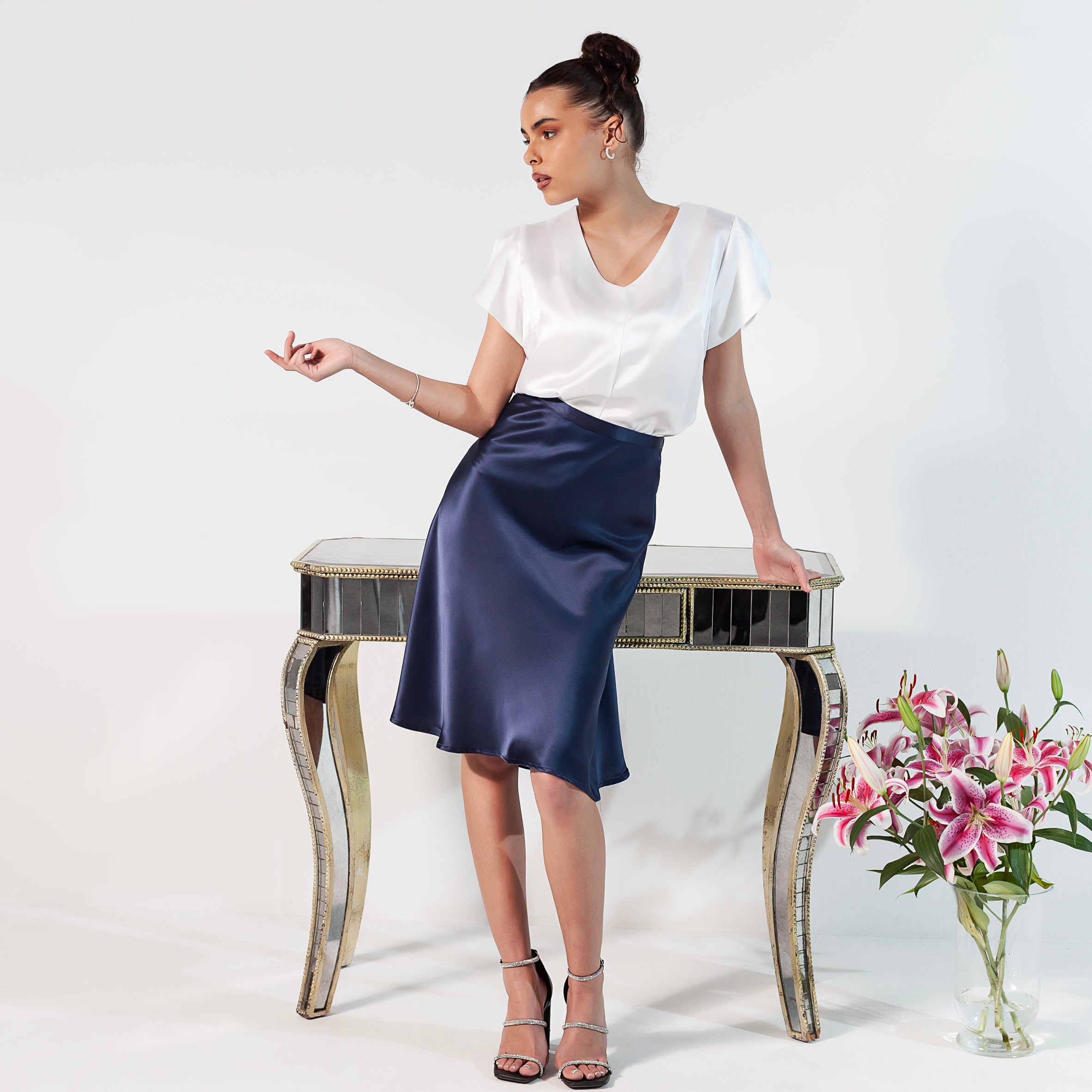Ladies Silk Knee-Length Skirt - Navy Blue