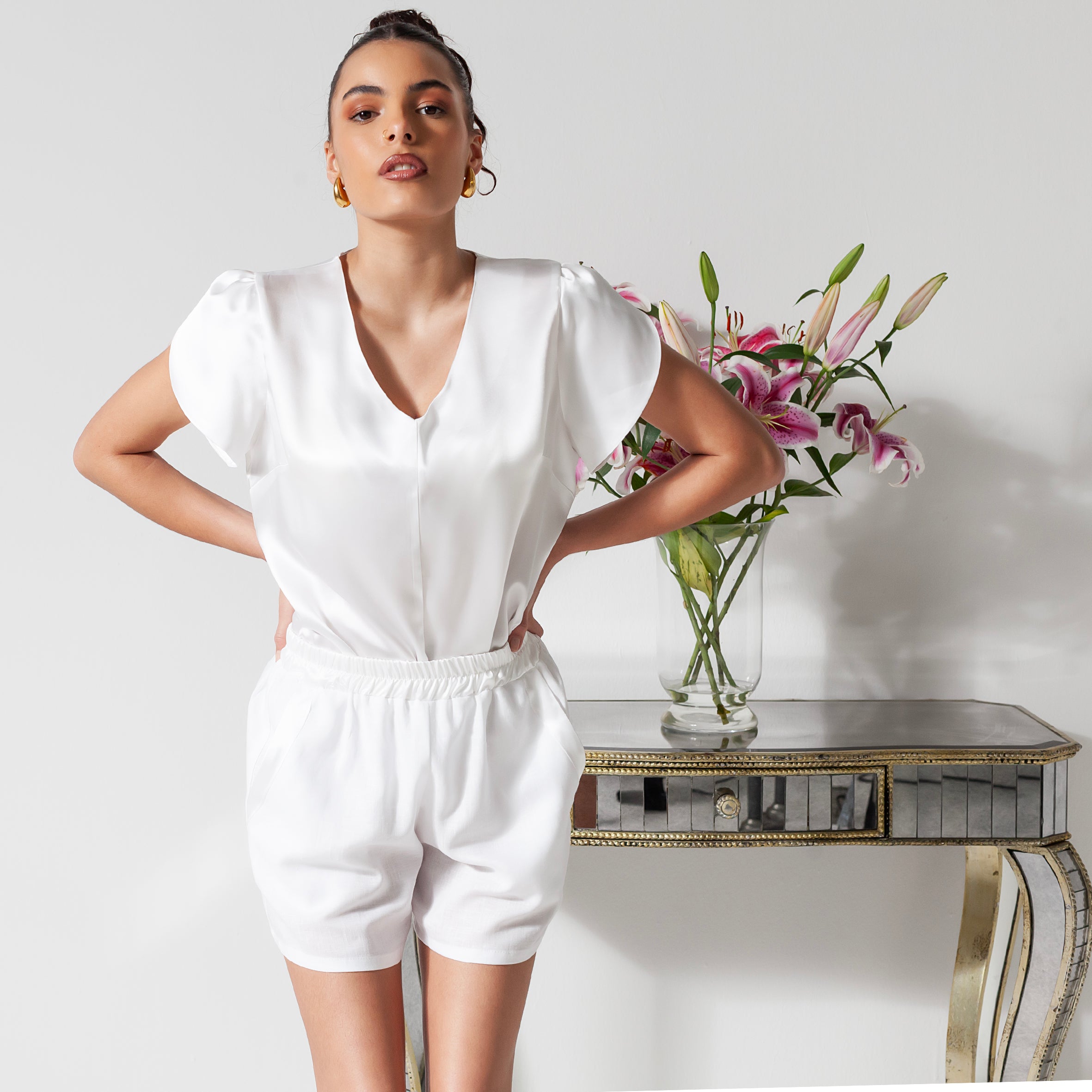 Ladies Silk Tulip Blouse - Snow White